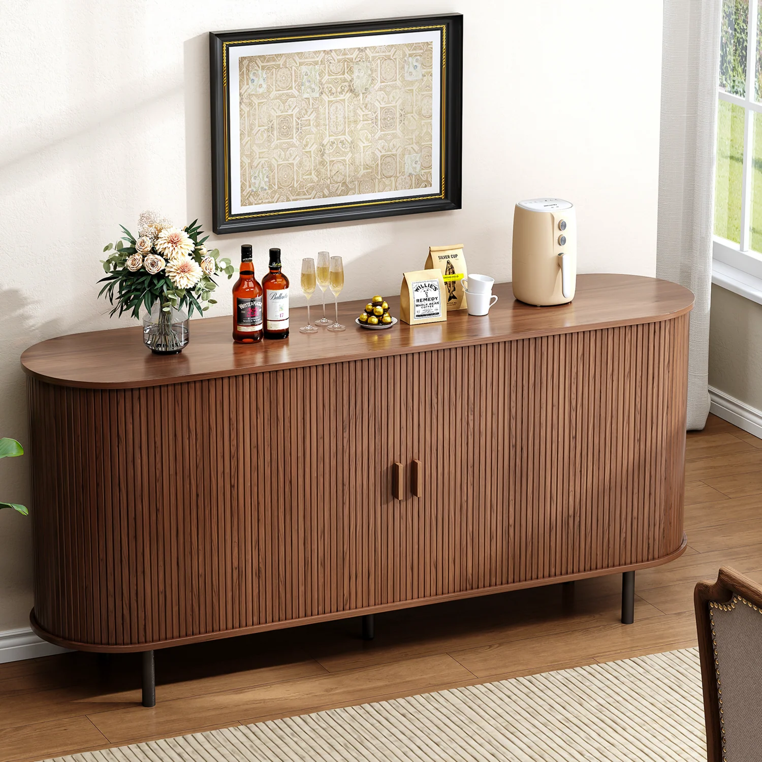 Genuine 63 Inch Buffet Sideboard Cabinet Coffee Bar Cabinet with Storage Fluted Sliding Doors Adjustable Shelves63 Inch Buffet Sideboard Cabinet Coffee Bar Cabinet with Storage Fluted Sliding Doors Adjustable Shelves Original