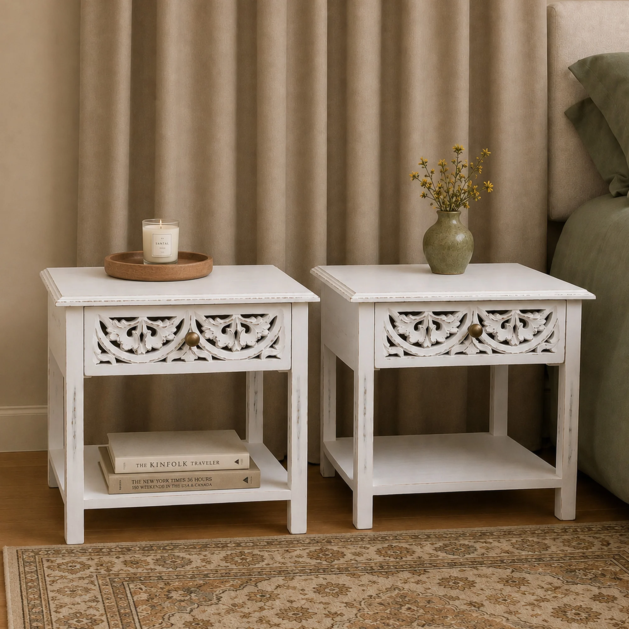 Pure Pair of Bohemian Distressed White Mango Wood One Drawer Bedside Tables - Freya White Range Functional