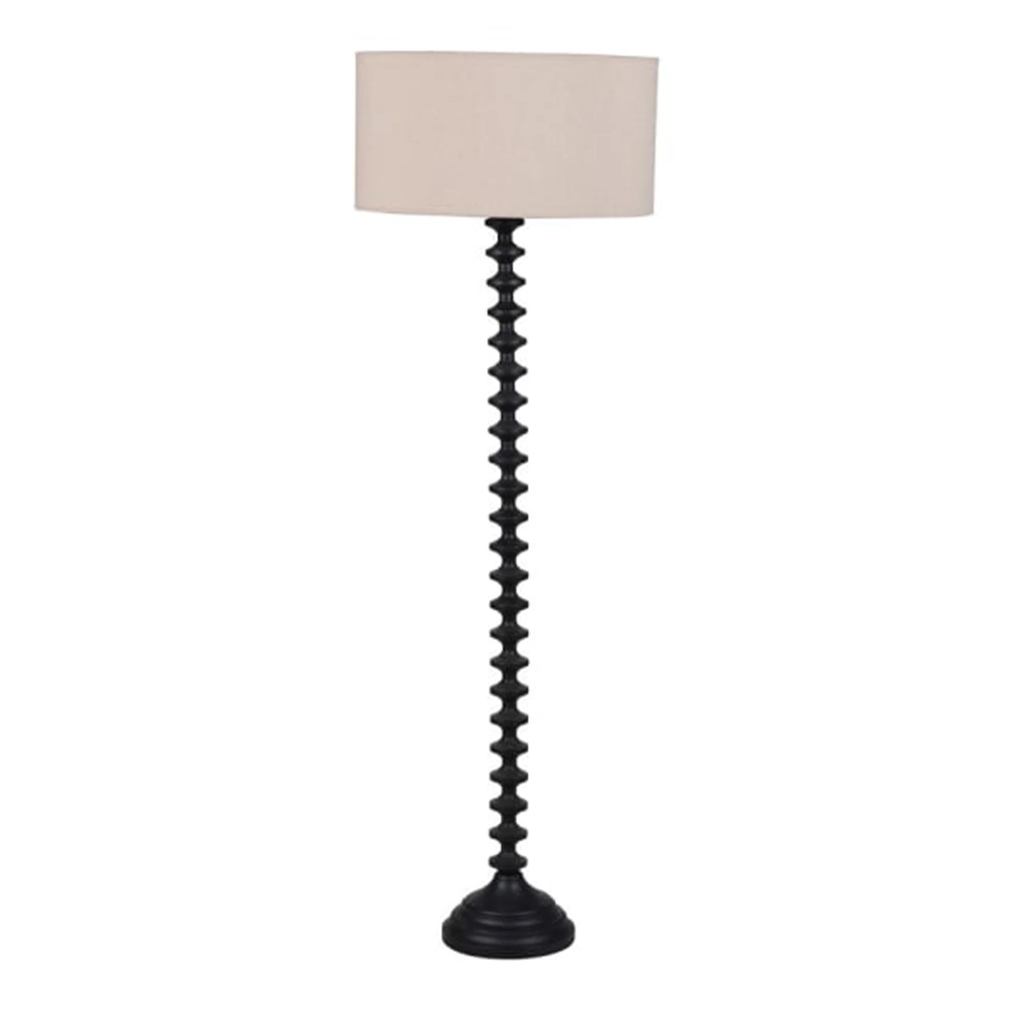 Detailed Tall Black Ridged Floor Lamp with Beige Cotton Shade Lightweight