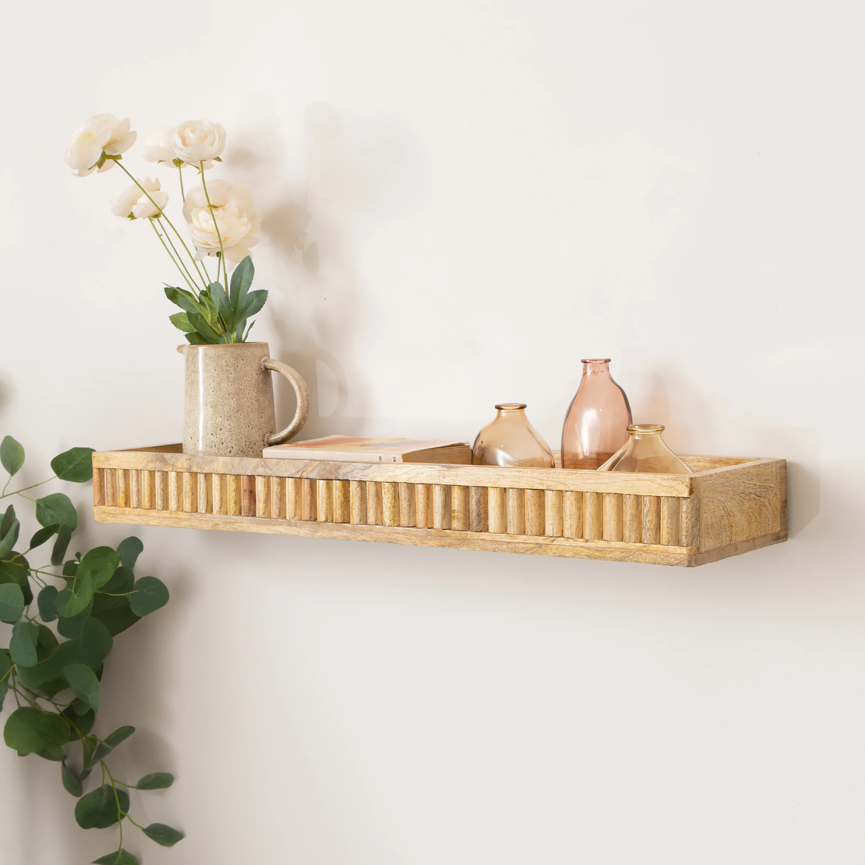 Elegant Mango Wood Fluted Wooden Wall Shelf - 70cm Fast