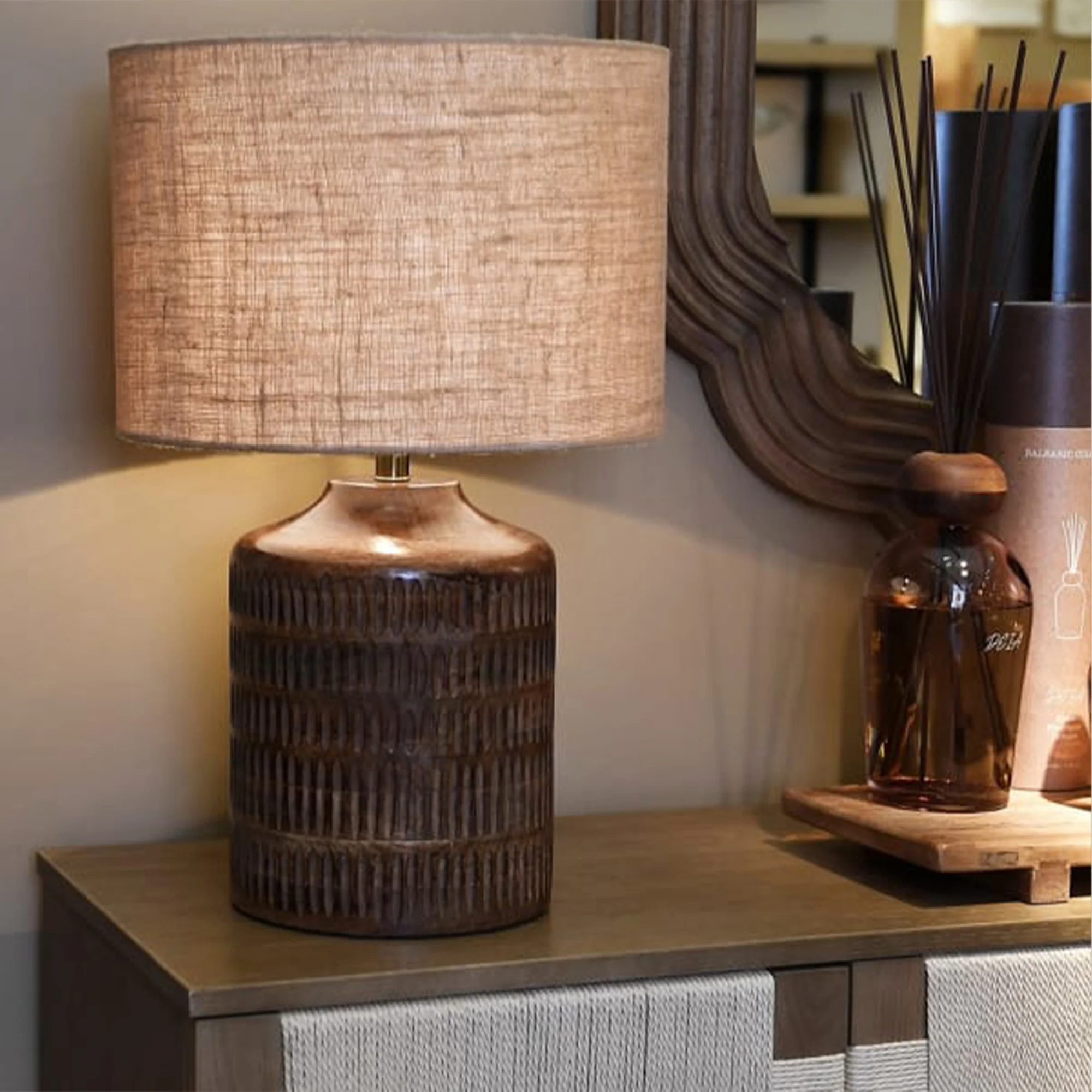 Exclusive Mango Wood Ridged Table Lamp with Jute Shade Refined