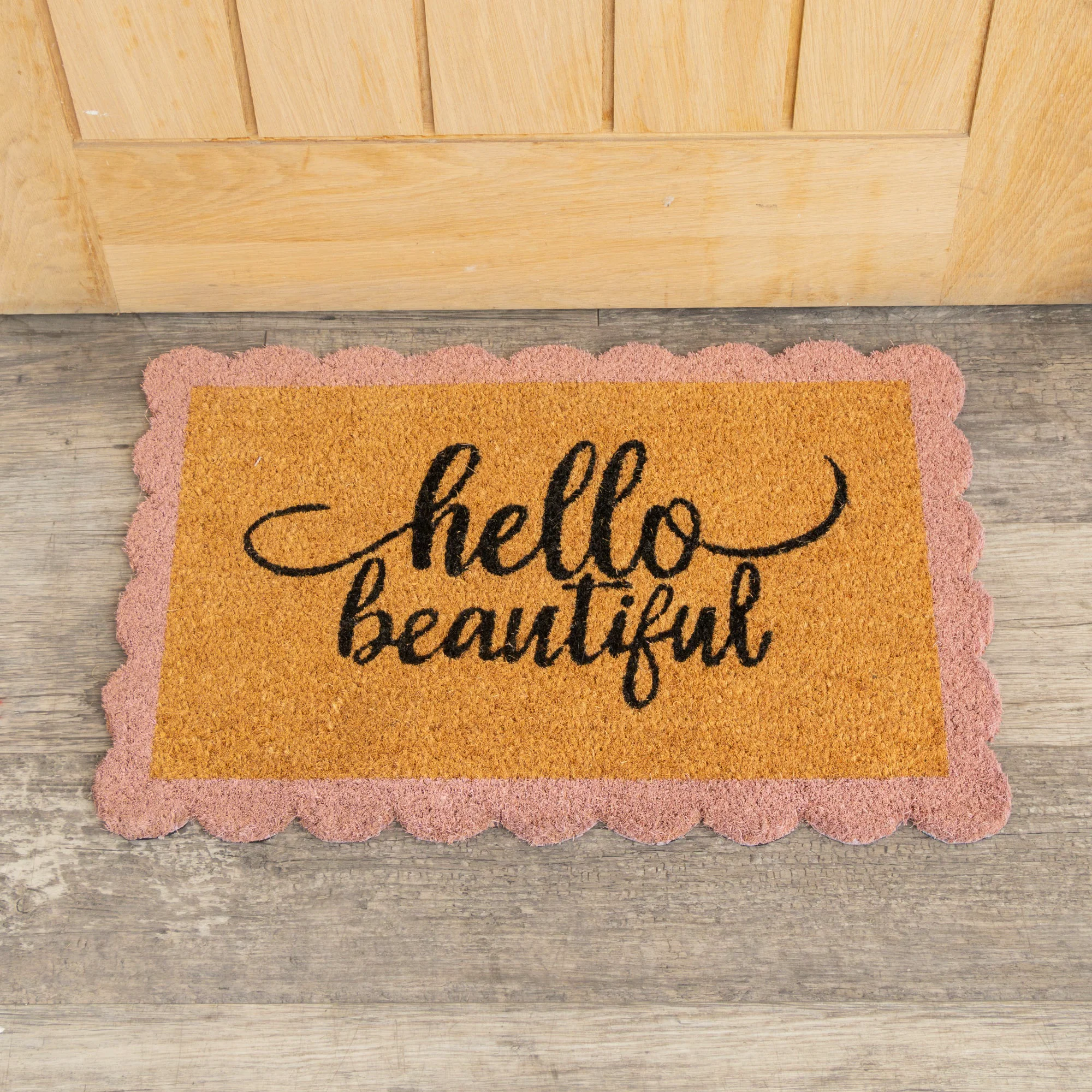 Recyclable Hello Beautiful Pink Scalloped Coir Doormat Excellent