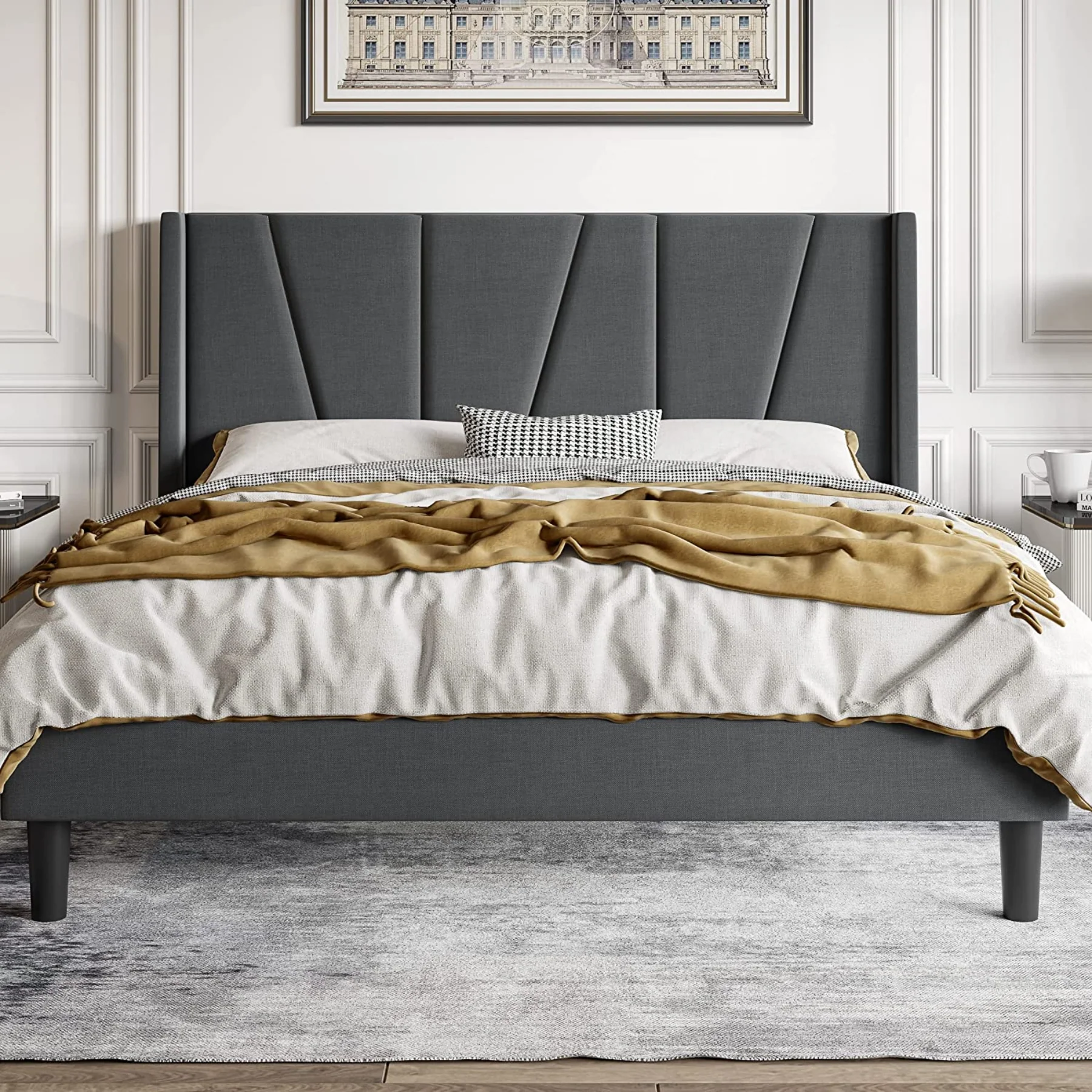 Artisan Bed Frame with Geometric Headboard Wooden Slats No Box Spring Needed Mattress Foundation - Beige GreyBed Frame with Geometric Headboard Wooden Slats No Box Spring Needed Mattress Foundation - Beige Grey Excellent