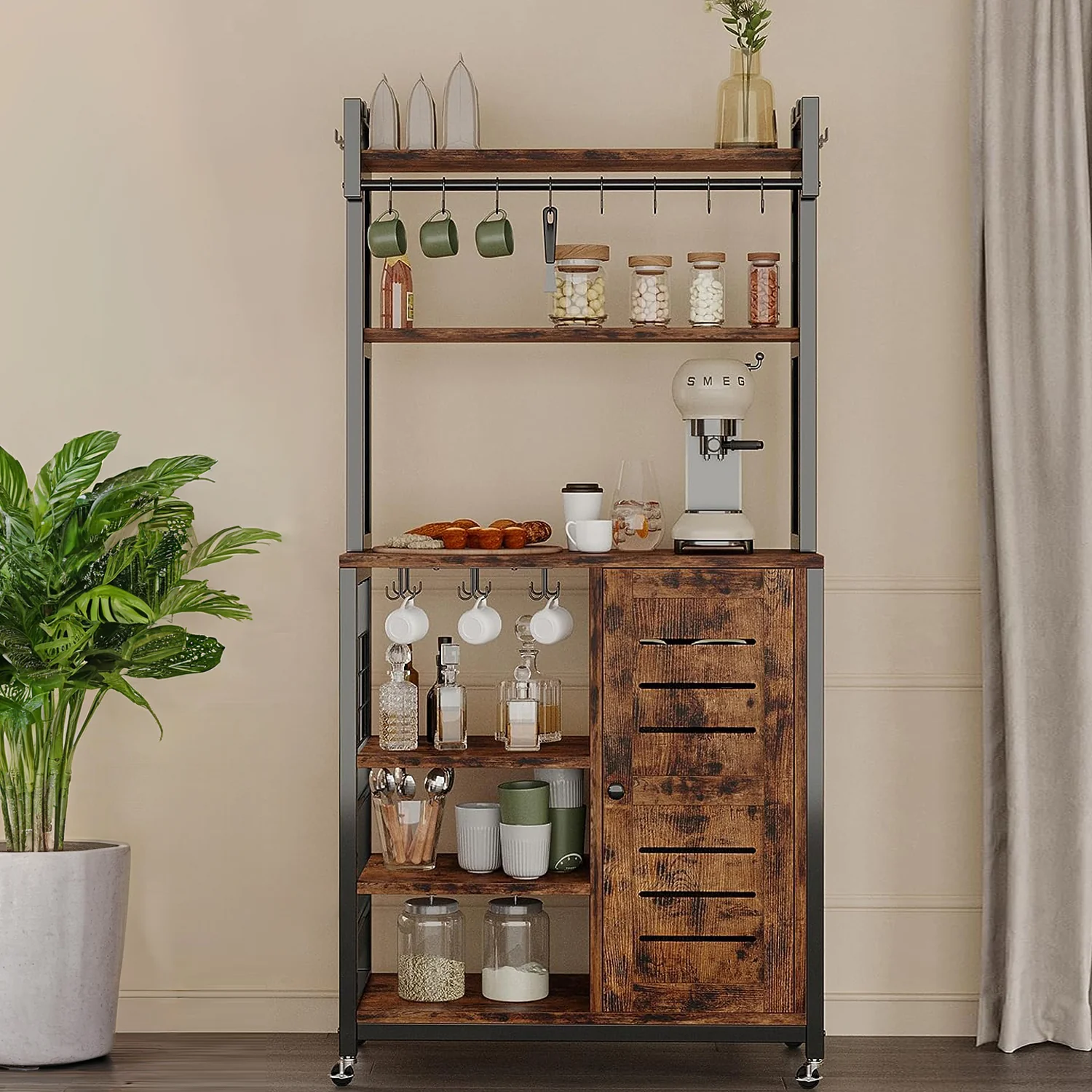 Solid Bakers Rack Microwave Stand Coffee Station Kitchen Storage with Power Outlets Wheels Feet Cabinets and 10 S-HooksBakers Rack Microwave Stand Coffee Station Kitchen Storage with Power Outlets Wheels Feet Cabinets and 10 S-Hooks Quality