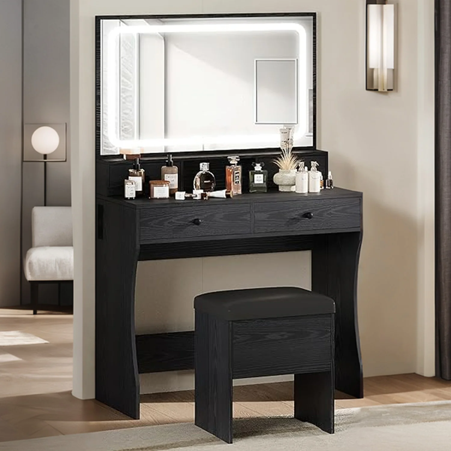 Fashionable Vanity Desk Set Makeup Vanity with Power Outlet LED Mirror Storage StoolVanity Desk Set Makeup Vanity with Power Outlet LED Mirror Storage Stool Organic