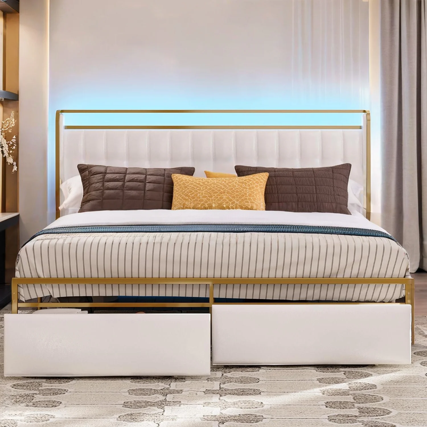 Carefully Designed Upholstered Bed Frame with RGB Light Drawers No Box Spring Needed No NoiseUpholstered Bed Frame with RGB Light Drawers No Box Spring Needed No Noise Breathable