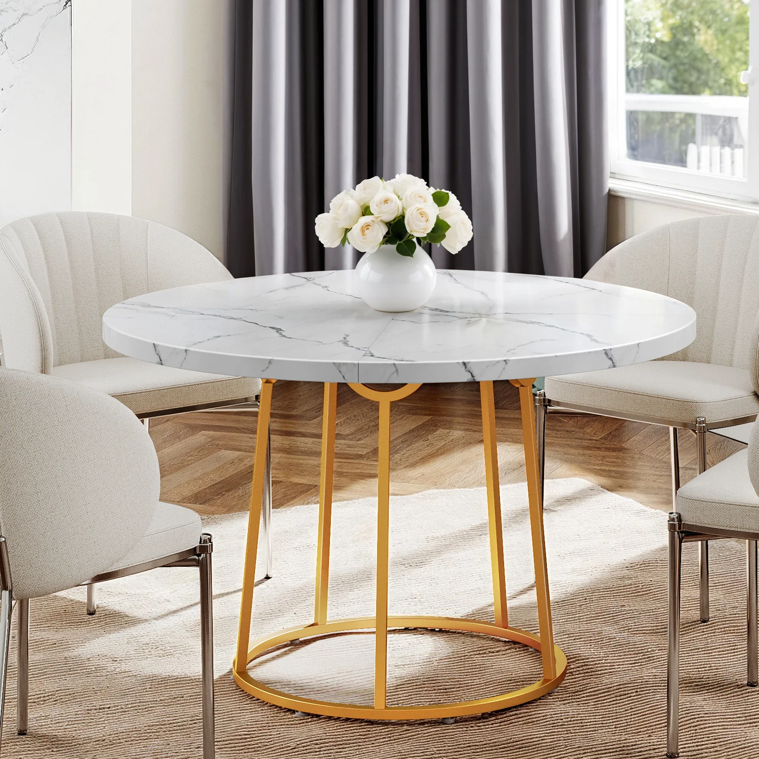 Soft Round Dining Table Wooden 47 Inch Marble Pattern Kitchen Table for 4 PeopleRound Dining Table Wooden 47 Inch Marble Pattern Kitchen Table for 4 People Optimized