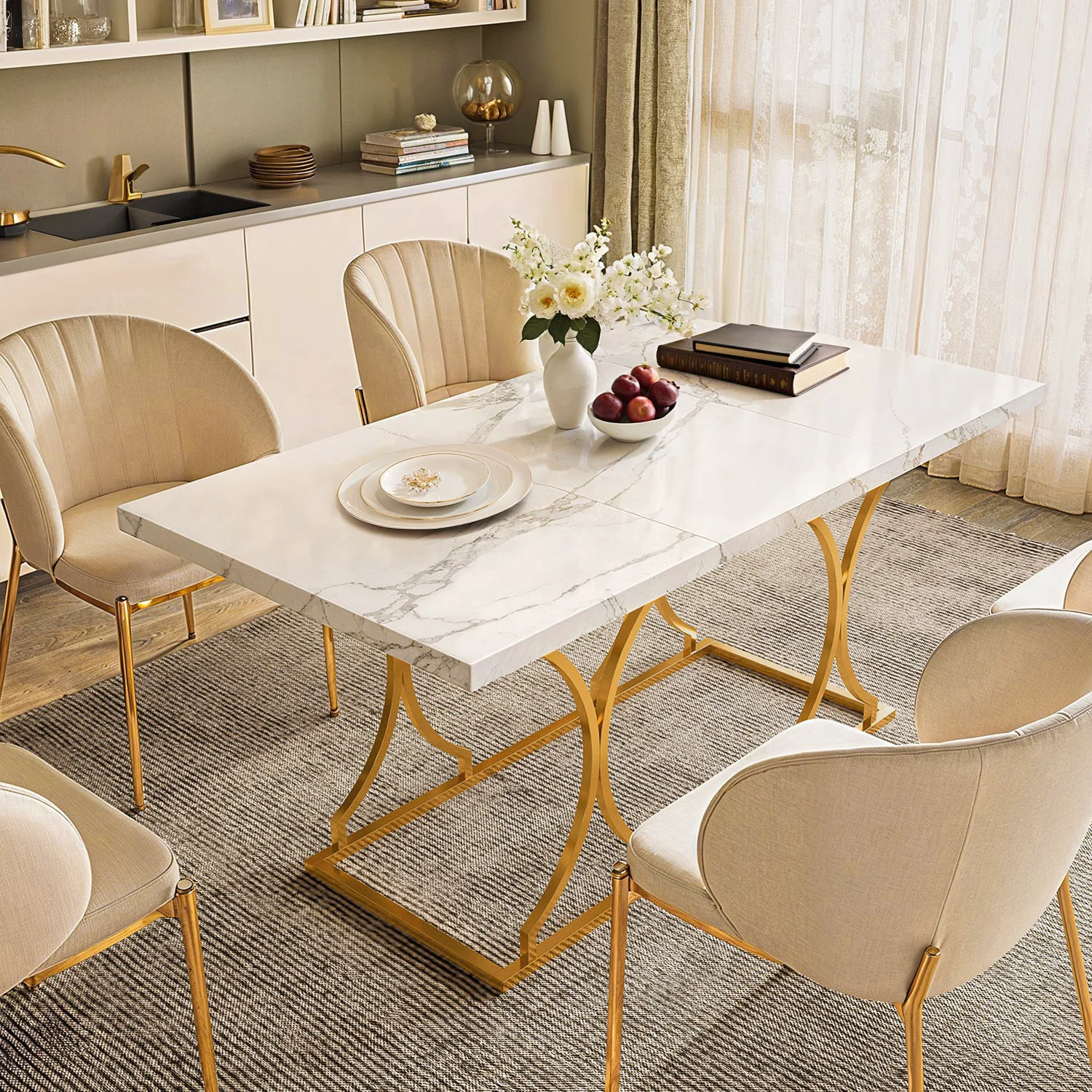 Artisan Dining Table Wooden Rectangle Marble Pattern Kitchen Table for 6 PeopleDining Table Wooden Rectangle Marble Pattern Kitchen Table for 6 People Relaxed