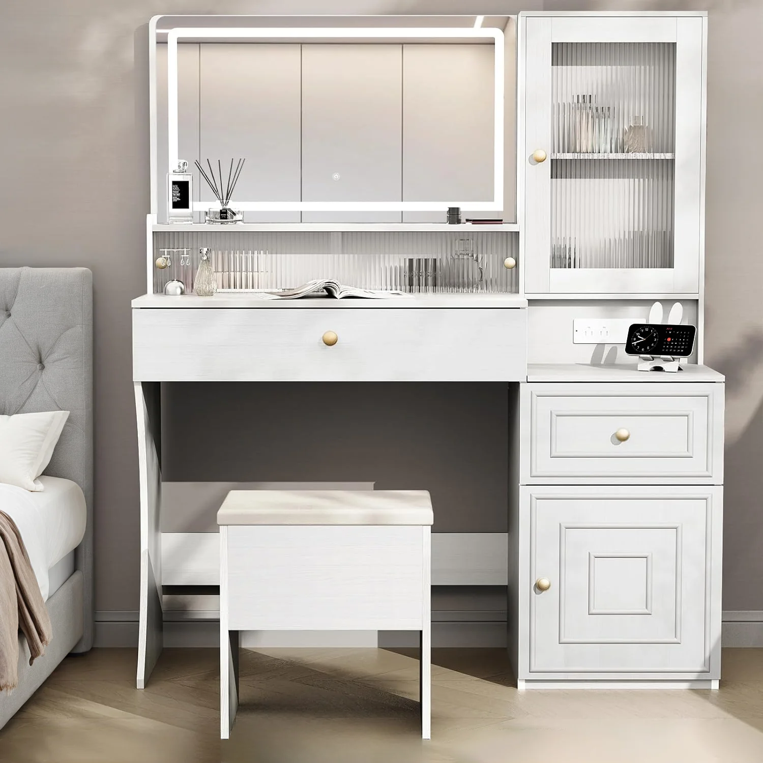 Premium Material Vanity Table Set with LED Mirror Drawers Power Outlet Storage Cabinet Storage StoolVanity Table Set with LED Mirror Drawers Power Outlet Storage Cabinet Storage Stool Crafted
