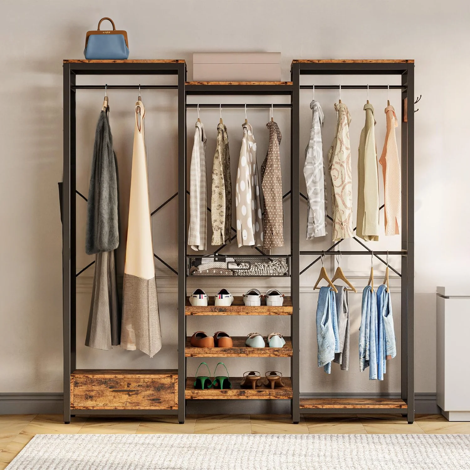 Premium Material Clothes Rack Garment Rack with Hanging Rods Shelves and Storage DrawerClothes Rack Garment Rack with Hanging Rods Shelves and Storage Drawer Functional