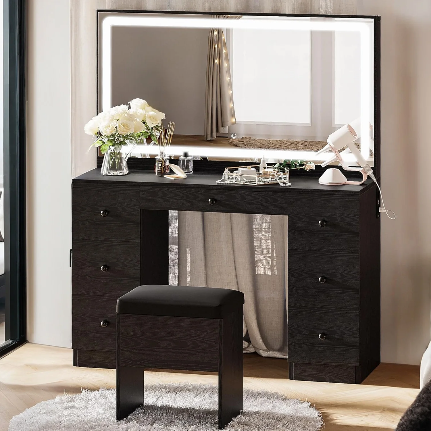 Consistent Makeup Vanity Dressing Desk Set with LED Lighted Mirror Power Outlet 7 DrawersMakeup Vanity Dressing Desk Set with LED Lighted Mirror Power Outlet 7 Drawers Secure