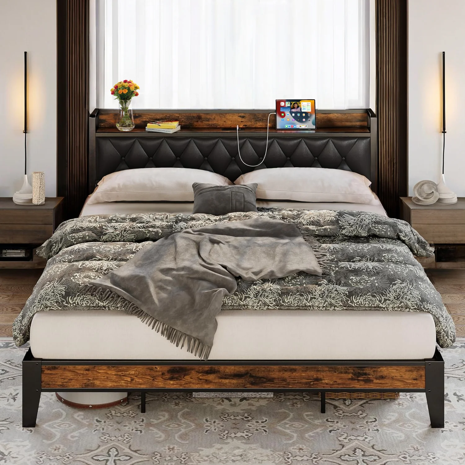 Minimalist California King Bed Frame with Fabric Storage Headboard and Charging StationCalifornia King Bed Frame with Fabric Storage Headboard and Charging Station Efficient