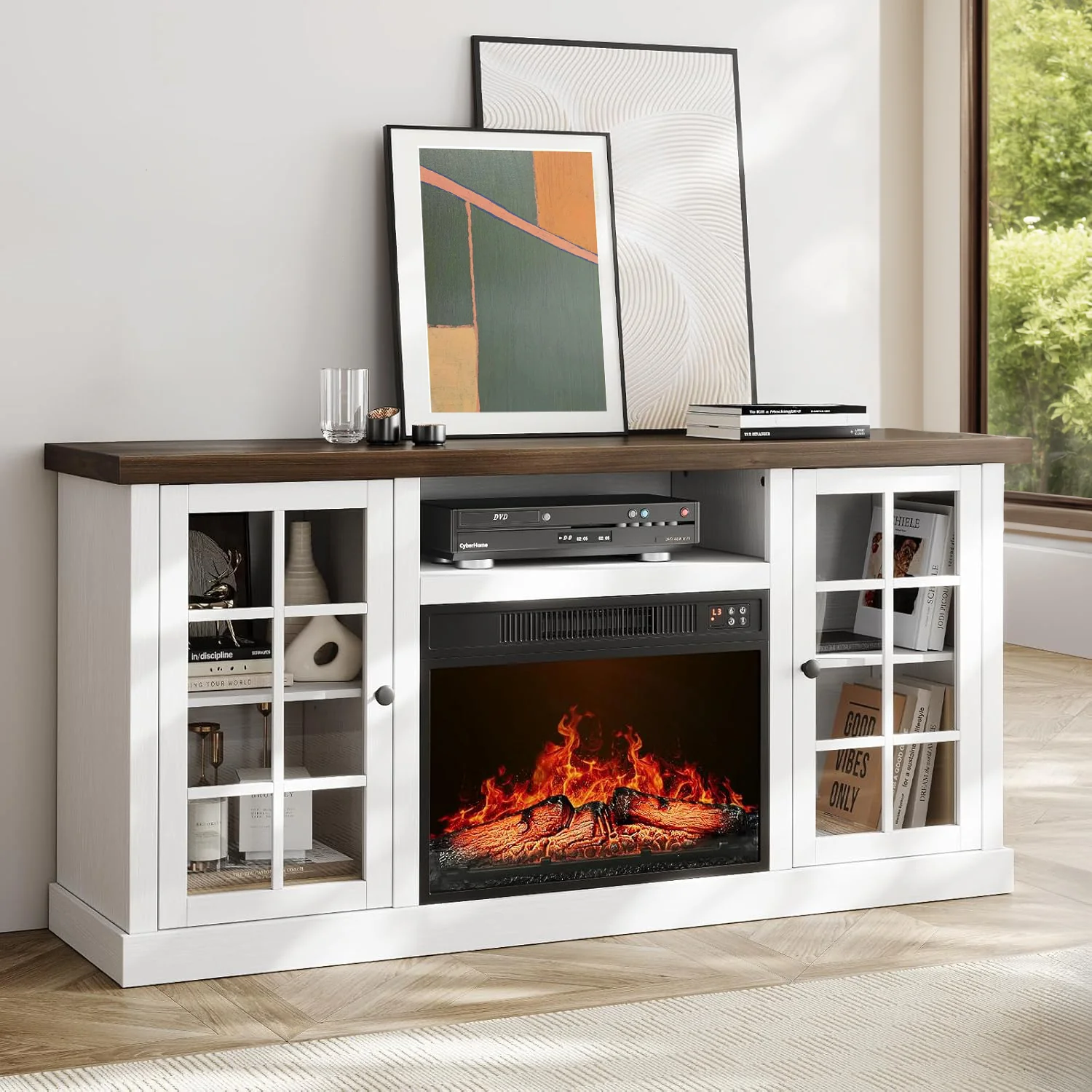 First-Class 59 Inch Fireplace TV Stand TV Table with 23 Inch Electric Fireplace Media Console Cabinet with Storage and Glass Doors59 Inch Fireplace TV Stand TV Table with 23 Inch Electric Fireplace Media Console Cabinet with Storage and Glass Doors Excellent