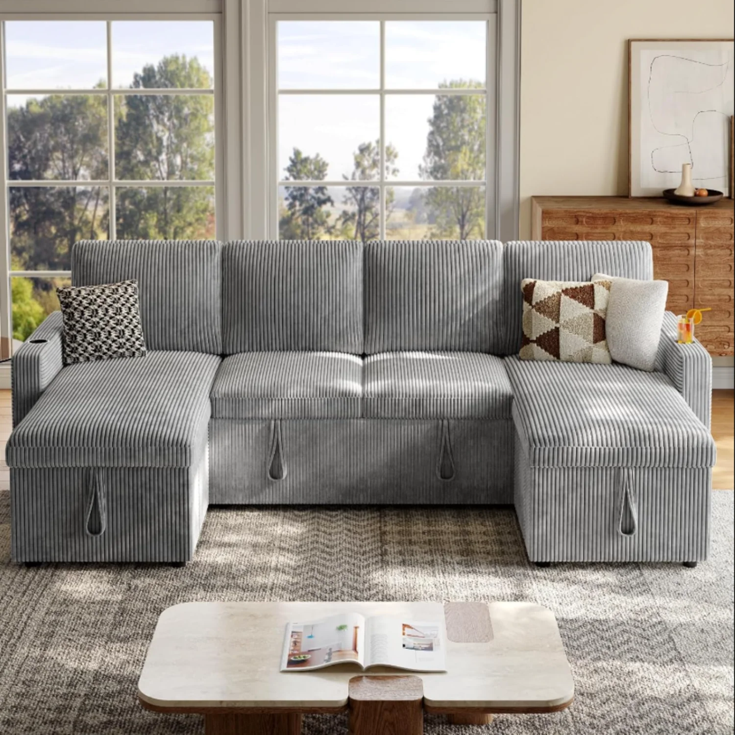 Lightweight 101 Inch U-Shaped Sleeper Sofa Couch with Pull Out Bed Corduroy Sectional Sofa Bed Couch with Double Storage Chaise 2 Charging Ports Cup Holder101 Inch U-Shaped Sleeper Sofa Couch with Pull Out Bed Corduroy Sectional Sofa Bed Couch with Double Storage Chaise 2 Charging Ports Cup Holder Fast