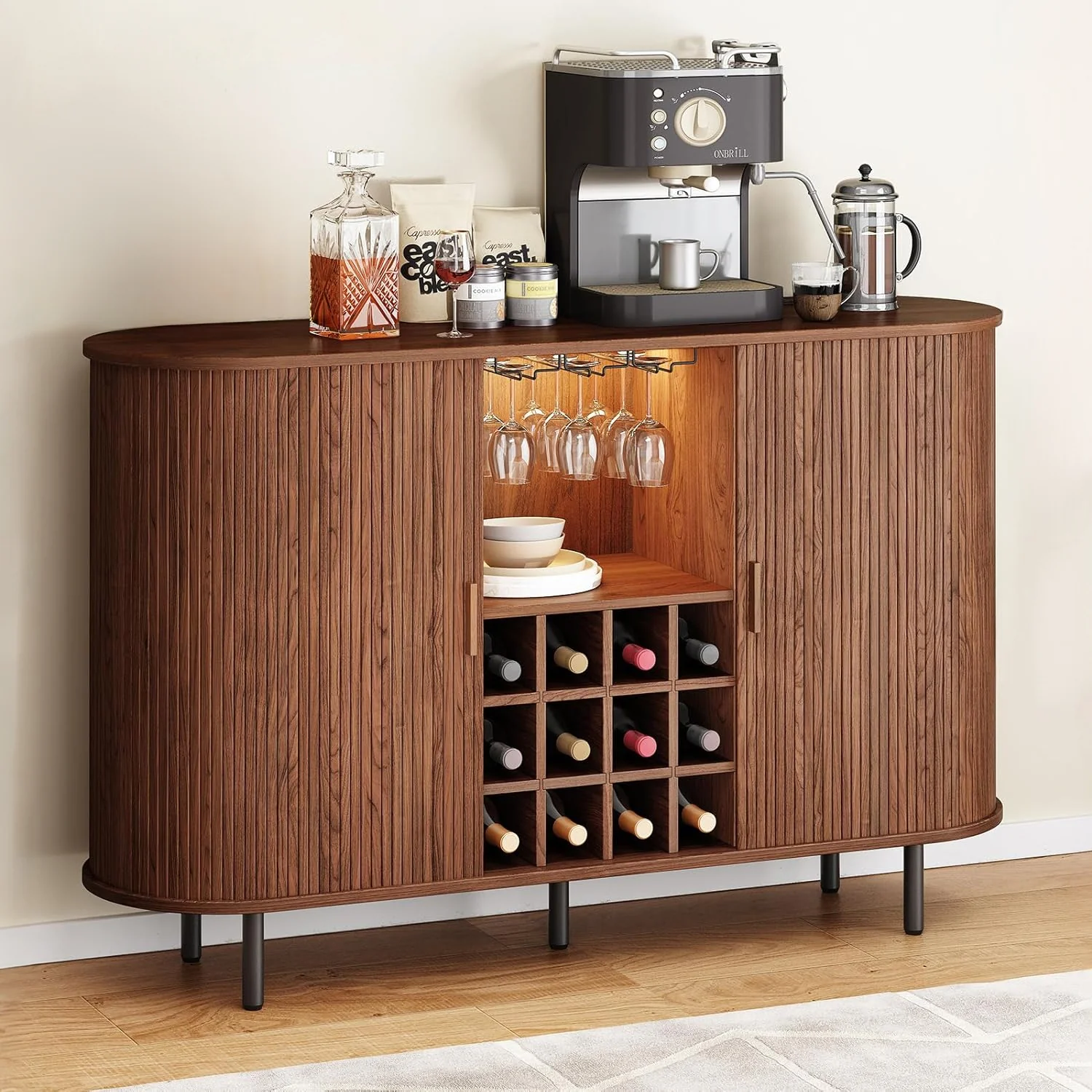 Smart 55 Inch Wine Bar Cabinet with LED Light Modern Coffee Station with Wine Rack and Glass Holder Farmhouse Buffet Sideboard with Storage55 Inch Wine Bar Cabinet with LED Light Modern Coffee Station with Wine Rack and Glass Holder Farmhouse Buffet Sideboard with Storage Relaxed