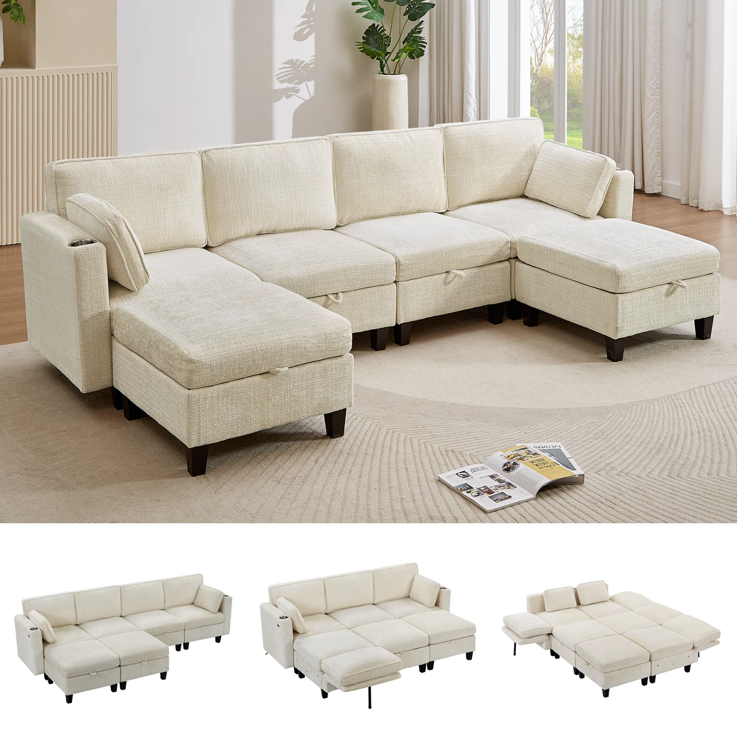 Quality 110 Inch U-Shaped Modular Sectional Sofa with Storage Chenille Convertible Sleeper Sofa Couch Bed with Adjustable Backrest and Charging Ports110 Inch U-Shaped Modular Sectional Sofa with Storage Chenille Convertible Sleeper Sofa Couch Bed with Adjustable Backrest and Charging Ports Smart