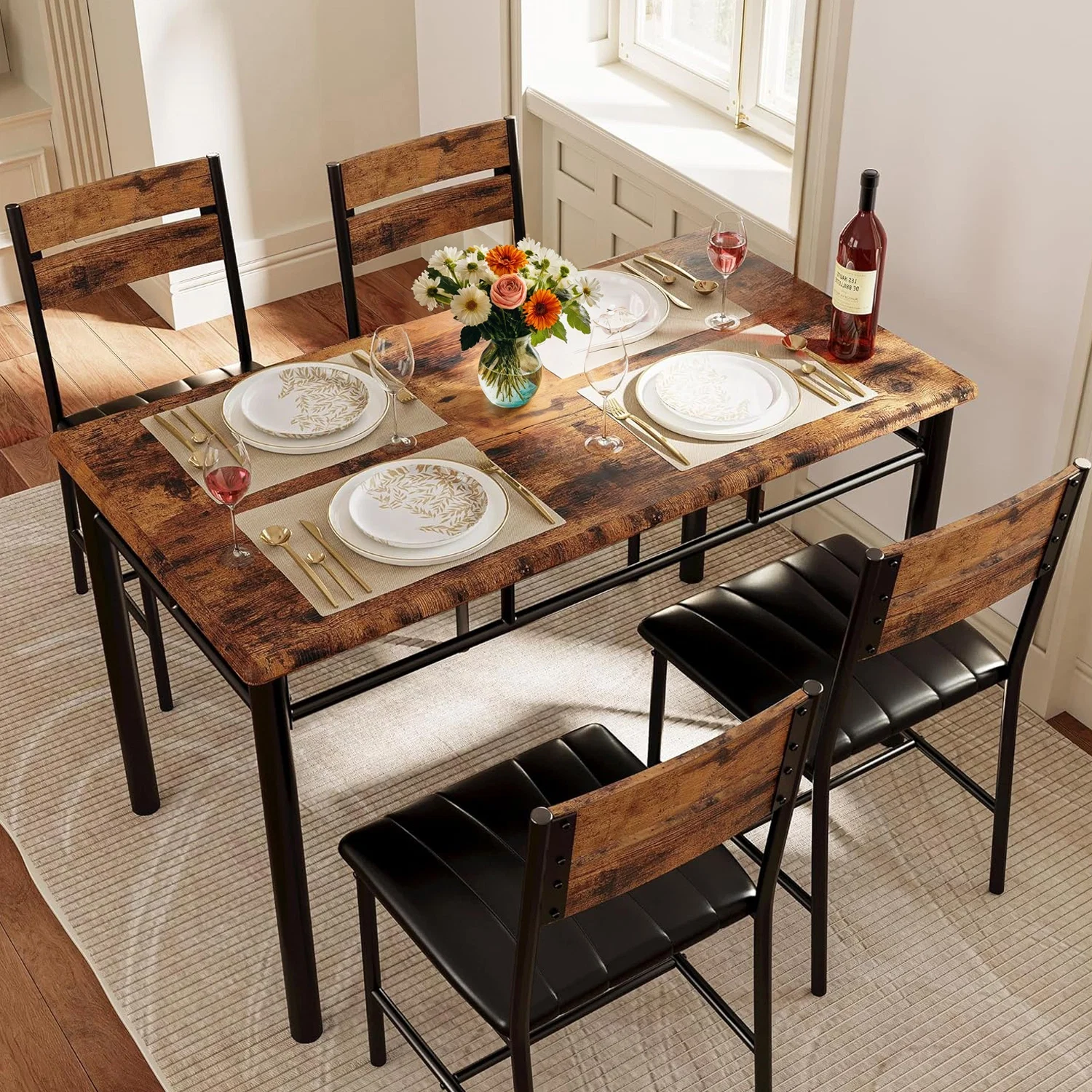 Enhanced Dining Table Set for 4 Wood Kitchen Table with Upholstered Chairs Space-Saving Kitchen Table Set Compact Dining SetDining Table Set for 4 Wood Kitchen Table with Upholstered Chairs Space-Saving Kitchen Table Set Compact Dining Set Dependable