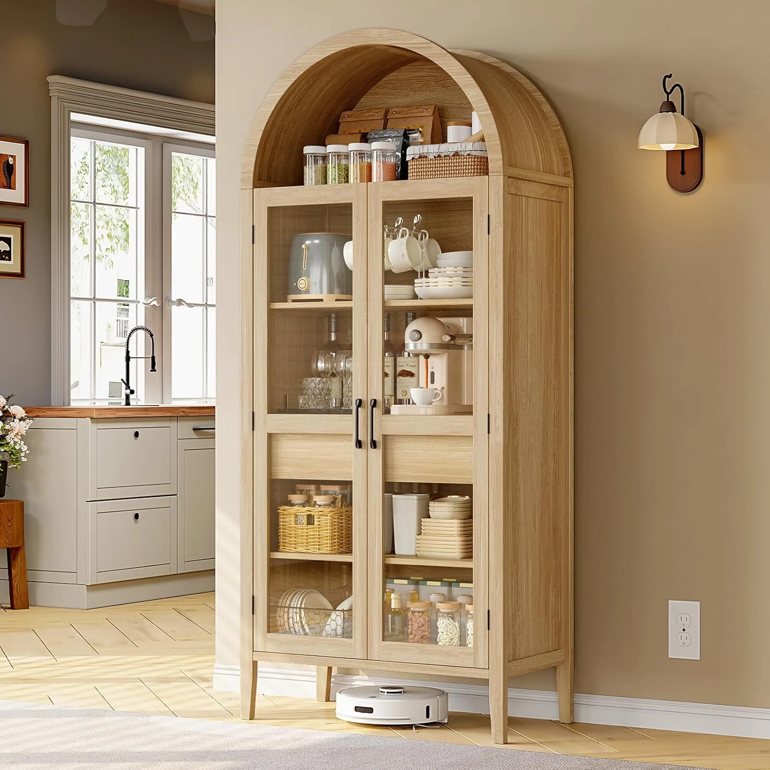 High-Grade 71 High Arched Kitchen Sideboard 5-Tier Arched Cabinetry Wooden Sideboard with Glass Doors and Drawers Modern Display Sideboard with Adjustable Legs71 High Arched Kitchen Sideboard 5-Tier Arched Cabinetry Wooden Sideboard with Glass Doors and Drawers Modern Display Sideboard with Adjustable Legs Innovative