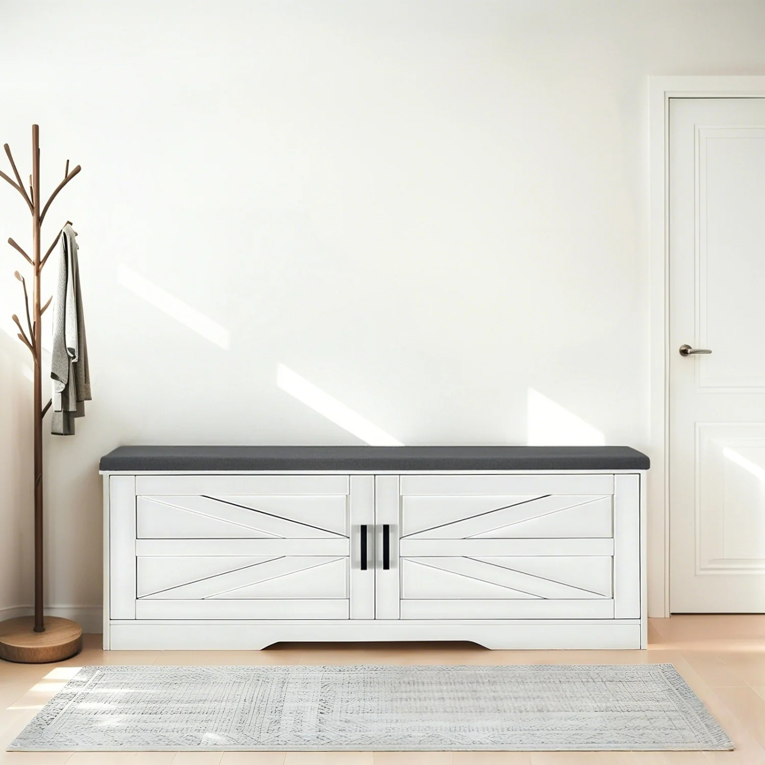 Flexible Shoe Bench 2 Tier Storage Bench with Padded Seat Cushion Farmhouse Entryway Bench with 2 Barn Doors 2 Adjustable ShelvesShoe Bench 2 Tier Storage Bench with Padded Seat Cushion Farmhouse Entryway Bench with 2 Barn Doors 2 Adjustable Shelves Long-Lasting