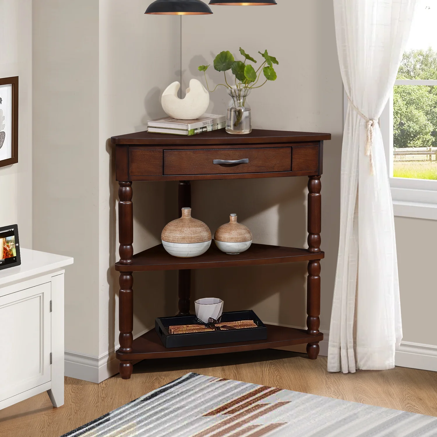 Easy-to-Use Side Table End Table Corner Table 3-Tier Corner Accent Table with Drawer and Storage ShelvesSide Table End Table Corner Table 3-Tier Corner Accent Table with Drawer and Storage Shelves Premium Material