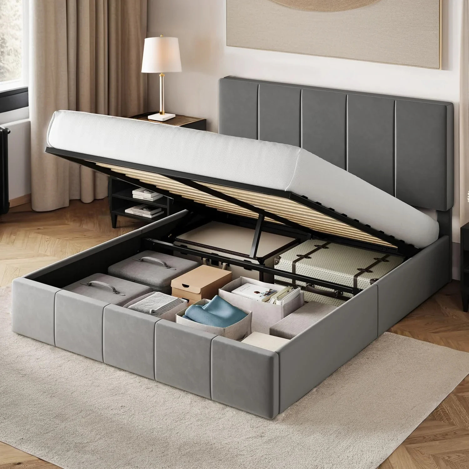 Efficient Upholstered Platform Bed Velvet Lift Up Storage Bed Frame with Vertical Channel Tufted Headboard Hydrualic Underneath Storage Wooden Slats SupportUpholstered Platform Bed Velvet Lift Up Storage Bed Frame with Vertical Channel Tufted Headboard Hydrualic Underneath Storage Wooden Slats Support Original Design