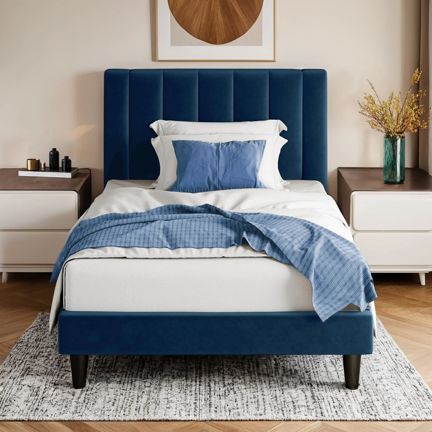 Exceptional Twin Velvet Upholstered Platform Bed Frame with Vertical Channel Tufted Headboard Strong Wood Slat Support No Box Spring NeededTwin Velvet Upholstered Platform Bed Frame with Vertical Channel Tufted Headboard Strong Wood Slat Support No Box Spring Needed Trendy