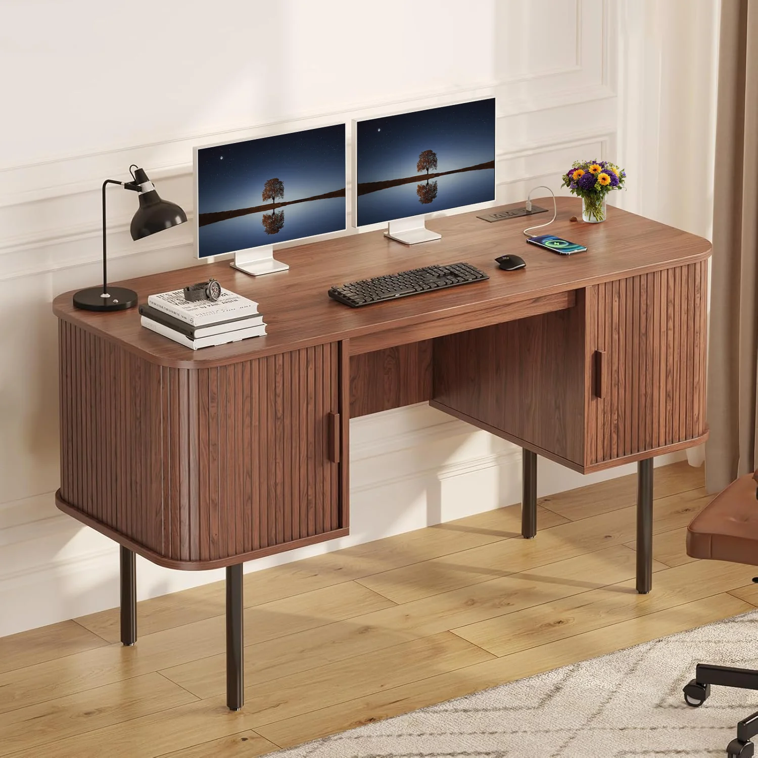 Relaxed Computer Desk Study Table 55 Inch Home Office Desk with 2 Storage Cabinets and Power OutletsComputer Desk Study Table 55 Inch Home Office Desk with 2 Storage Cabinets and Power Outlets Casual