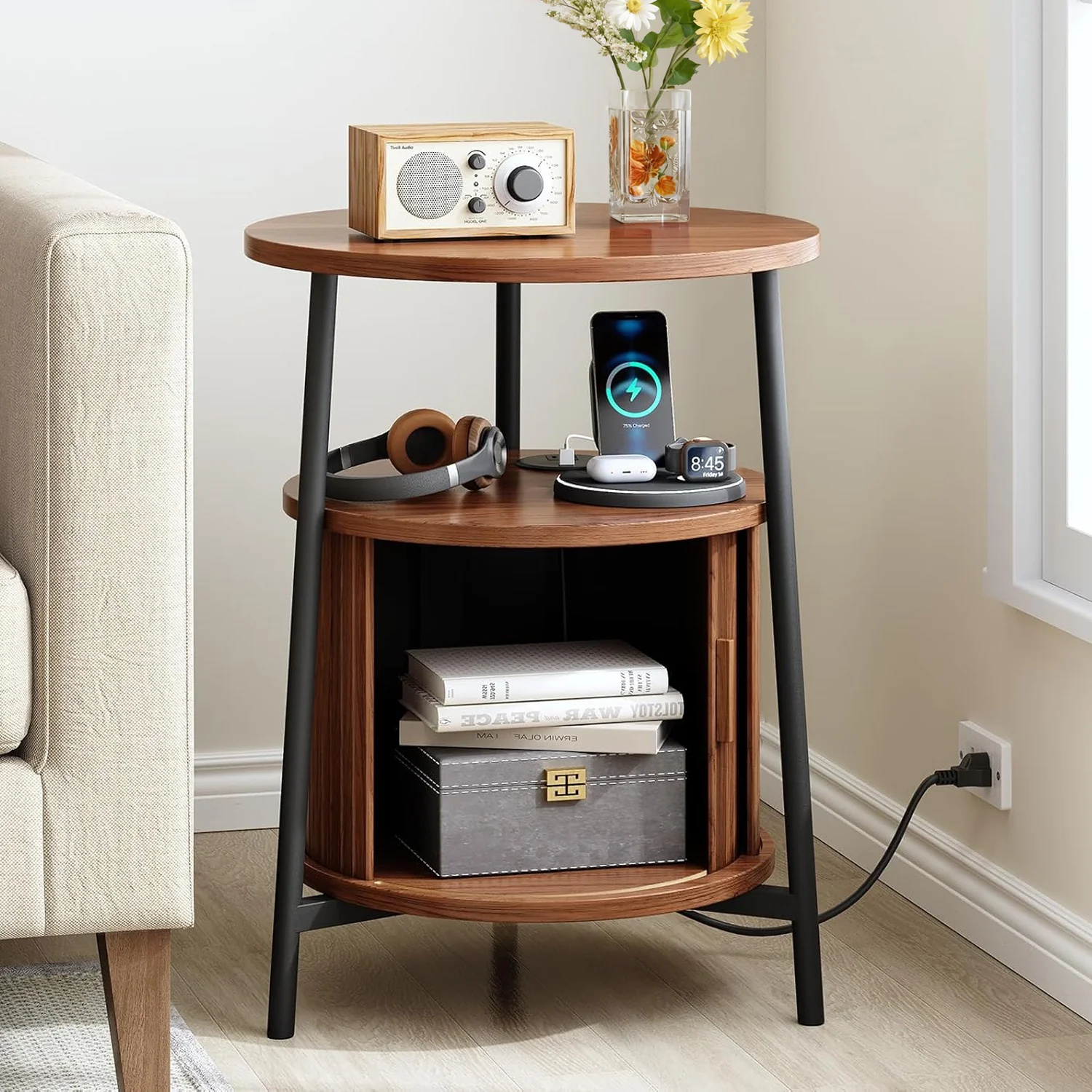 Safe Side Table Round End Table with Storage 2-Tier Nightstand with Charging Station and Steel FrameSide Table Round End Table with Storage 2-Tier Nightstand with Charging Station and Steel Frame Practical