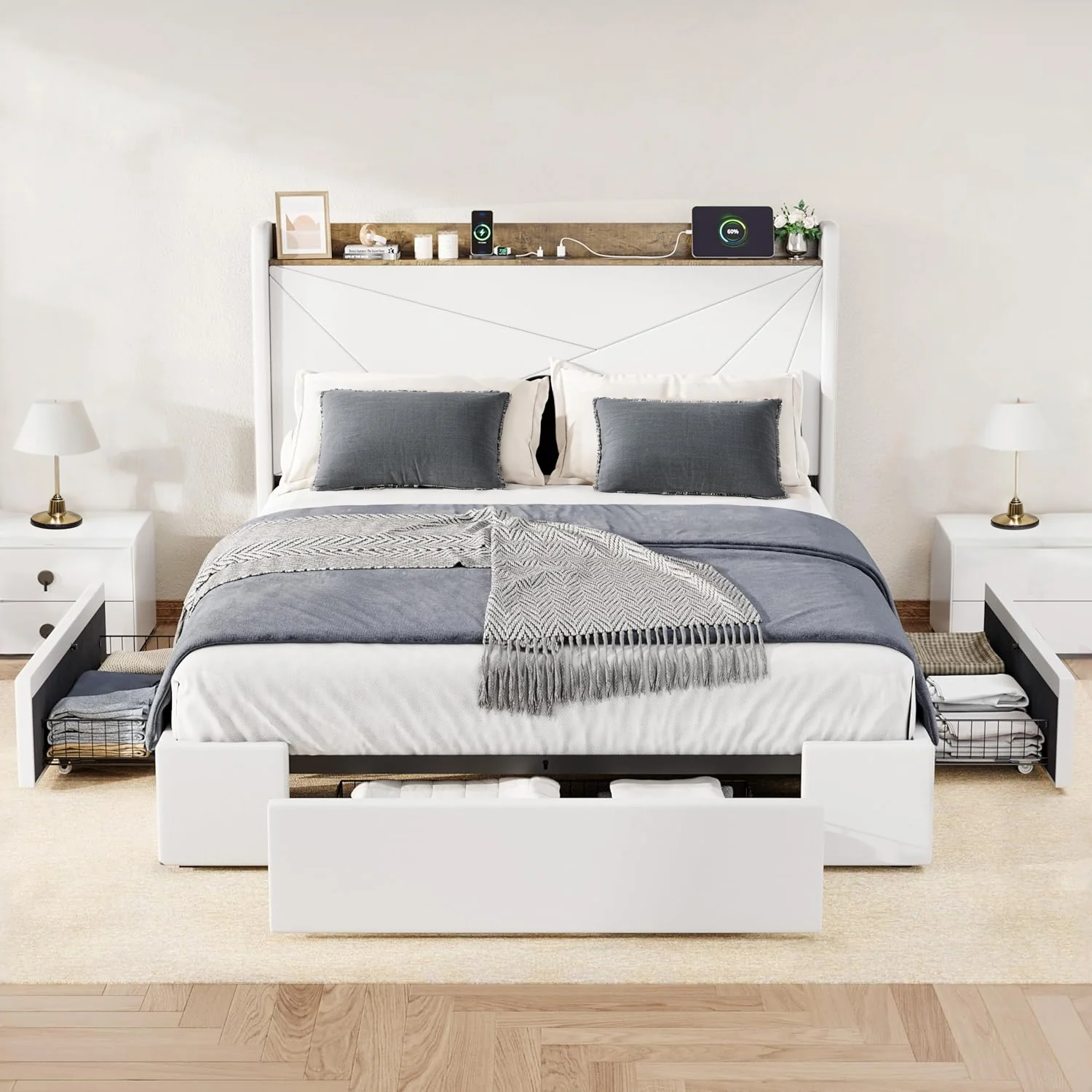 Original Upholstered Bed Frame with 3 Drawers Storage and and Headboard with USB Ports No Box Spring NeededUpholstered Bed Frame with 3 Drawers Storage and and Headboard with USB Ports No Box Spring Needed Flexible