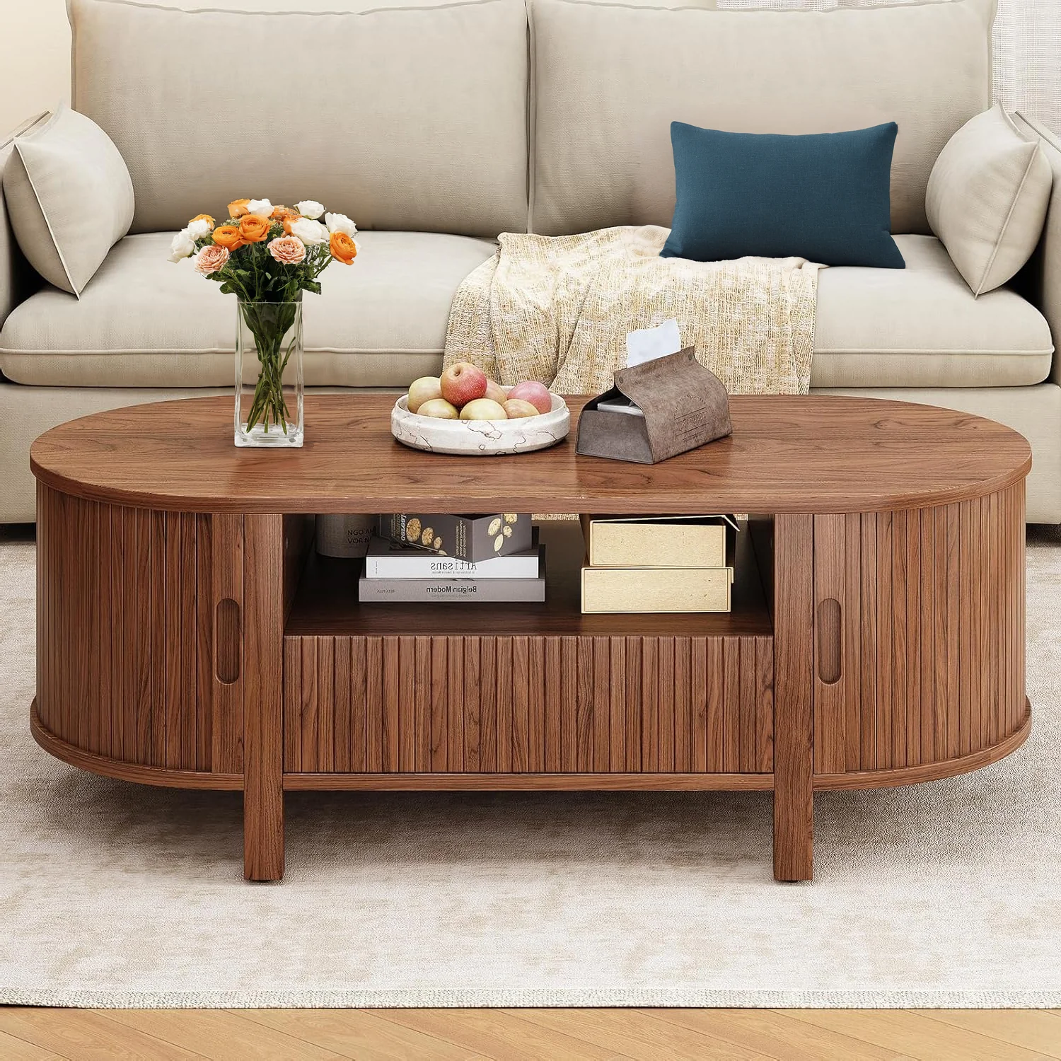 Durable Oval Coffee Table Living Room Table 47 Inch Center Table with Storage Sliding Door and Curved EdgeOval Coffee Table Living Room Table 47 Inch Center Table with Storage Sliding Door and Curved Edge Smart