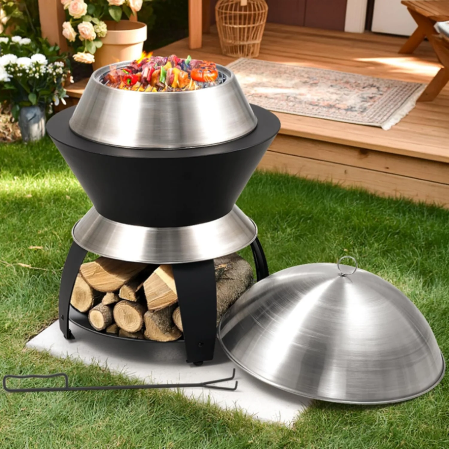 Natural Wood Burning Outdoor Fire Pit Stainless Steel Smokeless Firepit with Removable Ash Pan Lid and Carrying BagWood Burning Outdoor Fire Pit Stainless Steel Smokeless Firepit with Removable Ash Pan Lid and Carrying Bag Elegant