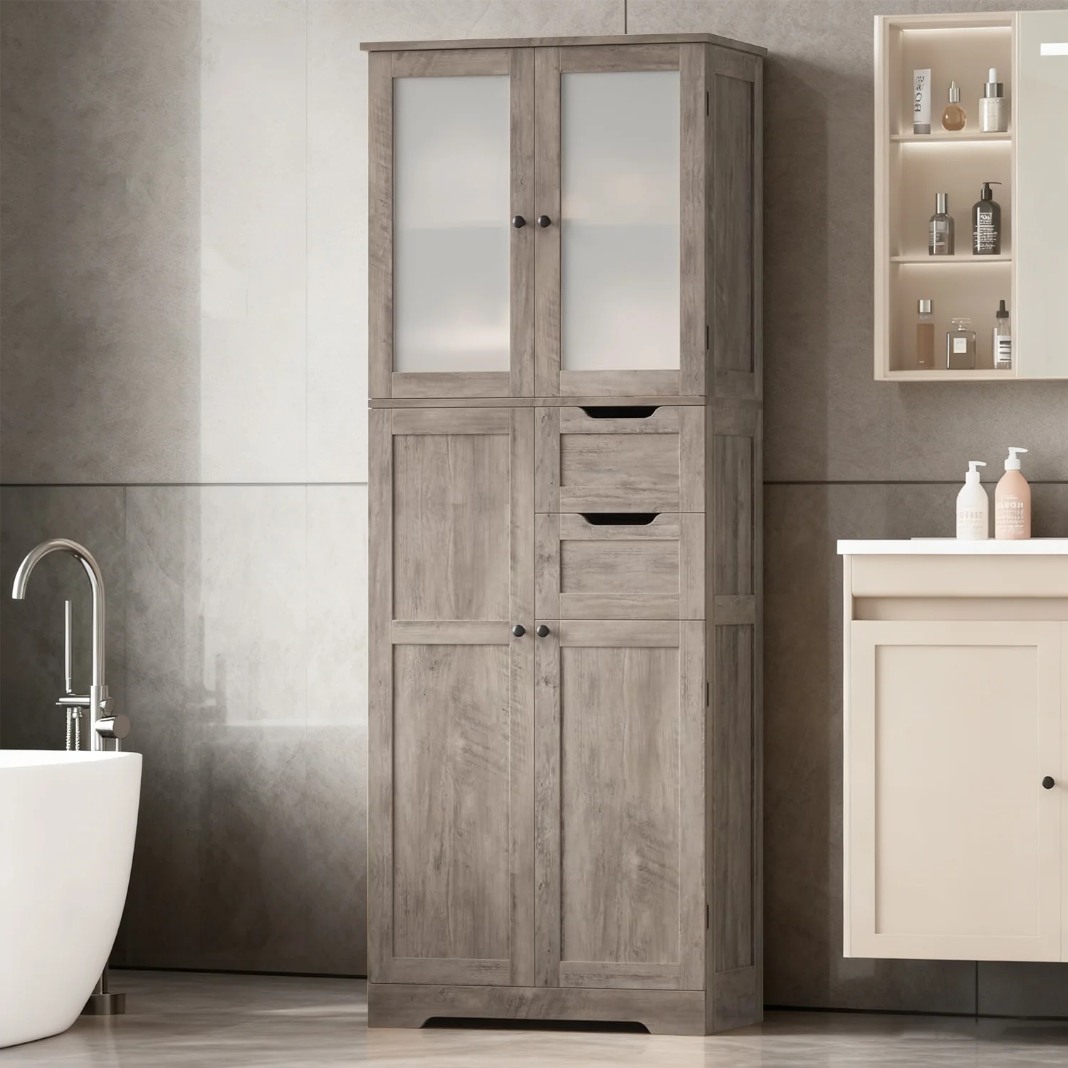 Convenient 67 Tall Bathroom Storage Cabinet with Drawers Adjustable Shelves standing Linen Tower for Kitchen Entryway67 Tall Bathroom Storage Cabinet with Drawers Adjustable Shelves standing Linen Tower for Kitchen Entryway Fine