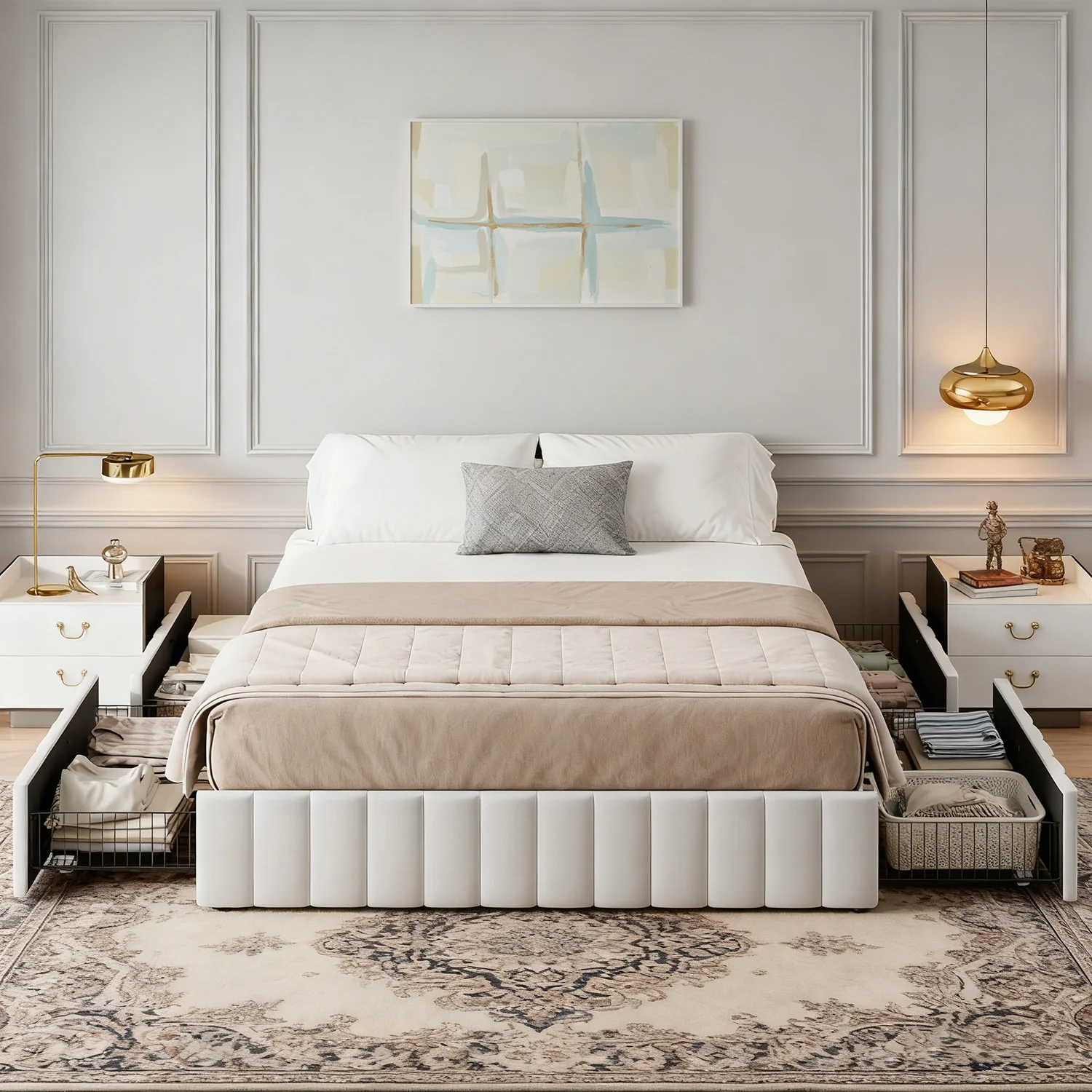 Traditional Velvet Upholstered Platform Bed with 4 Storage Drawers Tufted HeadboardVelvet Upholstered Platform Bed with 4 Storage Drawers Tufted Headboard Pure