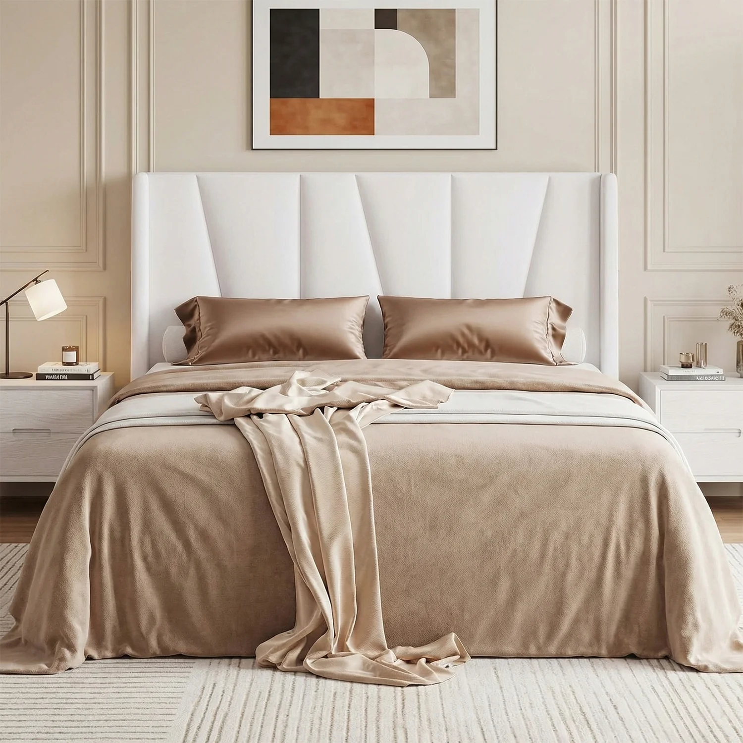 Contemporary Velvet Platform Bed Frame with Geometric Wingback Headboard Upholstered Boho Bed No Box Spring NeededVelvet Platform Bed Frame with Geometric Wingback Headboard Upholstered Boho Bed No Box Spring Needed Organic
