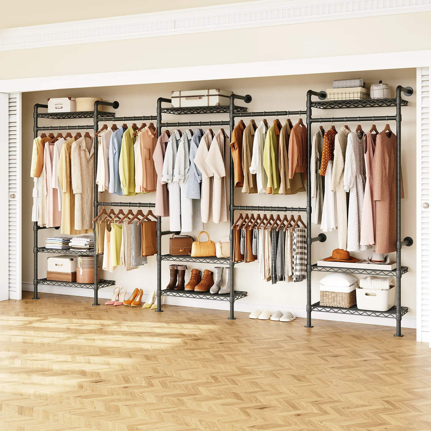 Exclusive Wall Mounted Closet System Industrial Pipe Clothing Rack with 4 Adjustable Rods and 9 Wire Shelves Walk-in Closet OrganizerWall Mounted Closet System Industrial Pipe Clothing Rack with 4 Adjustable Rods and 9 Wire Shelves Walk-in Closet Organizer Dependable