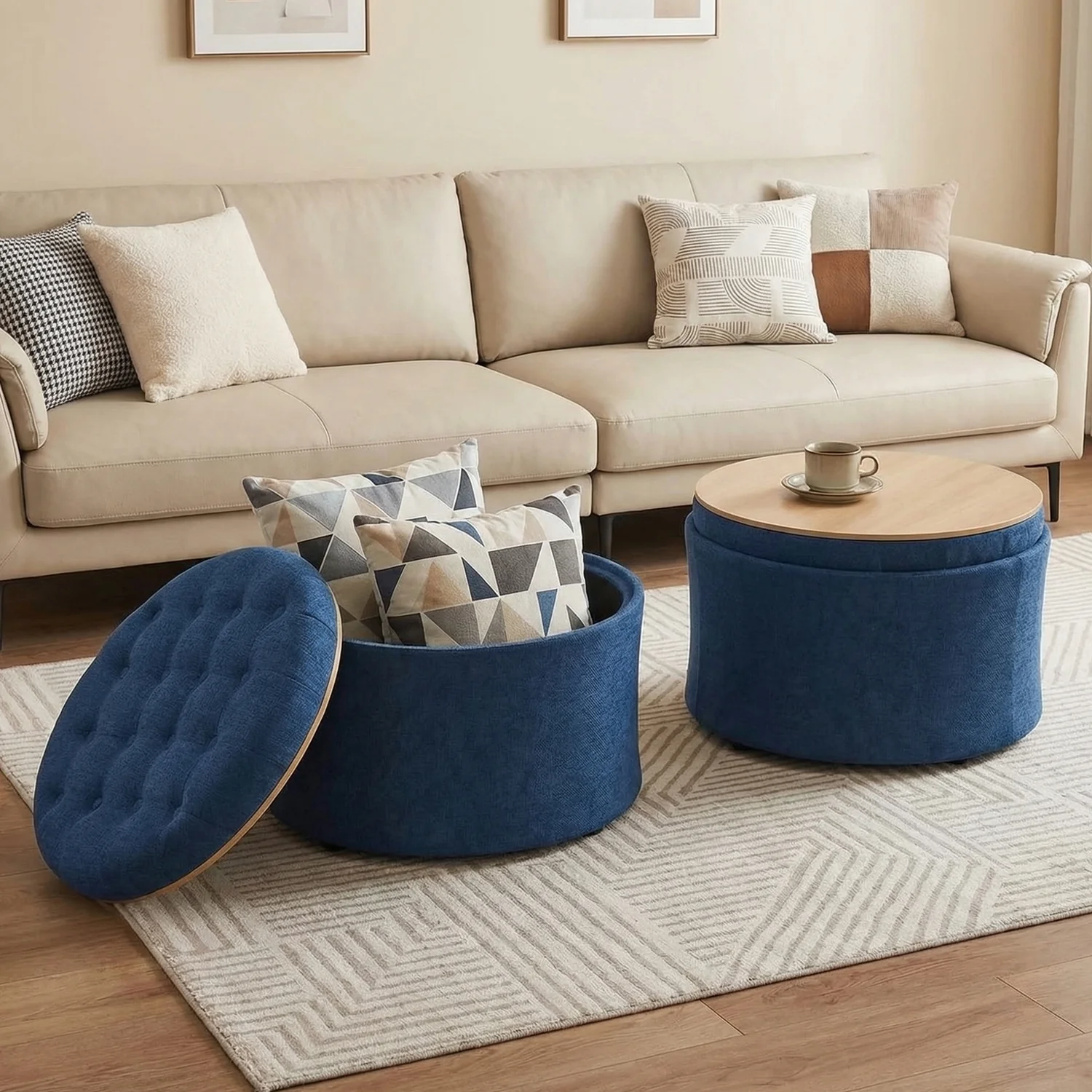 Professional 25 Inch Round Storage Ottoman Foot Rest Button Tufted Coffee Table with Reversible Tray Hidden Storage25 Inch Round Storage Ottoman Foot Rest Button Tufted Coffee Table with Reversible Tray Hidden Storage Traditional