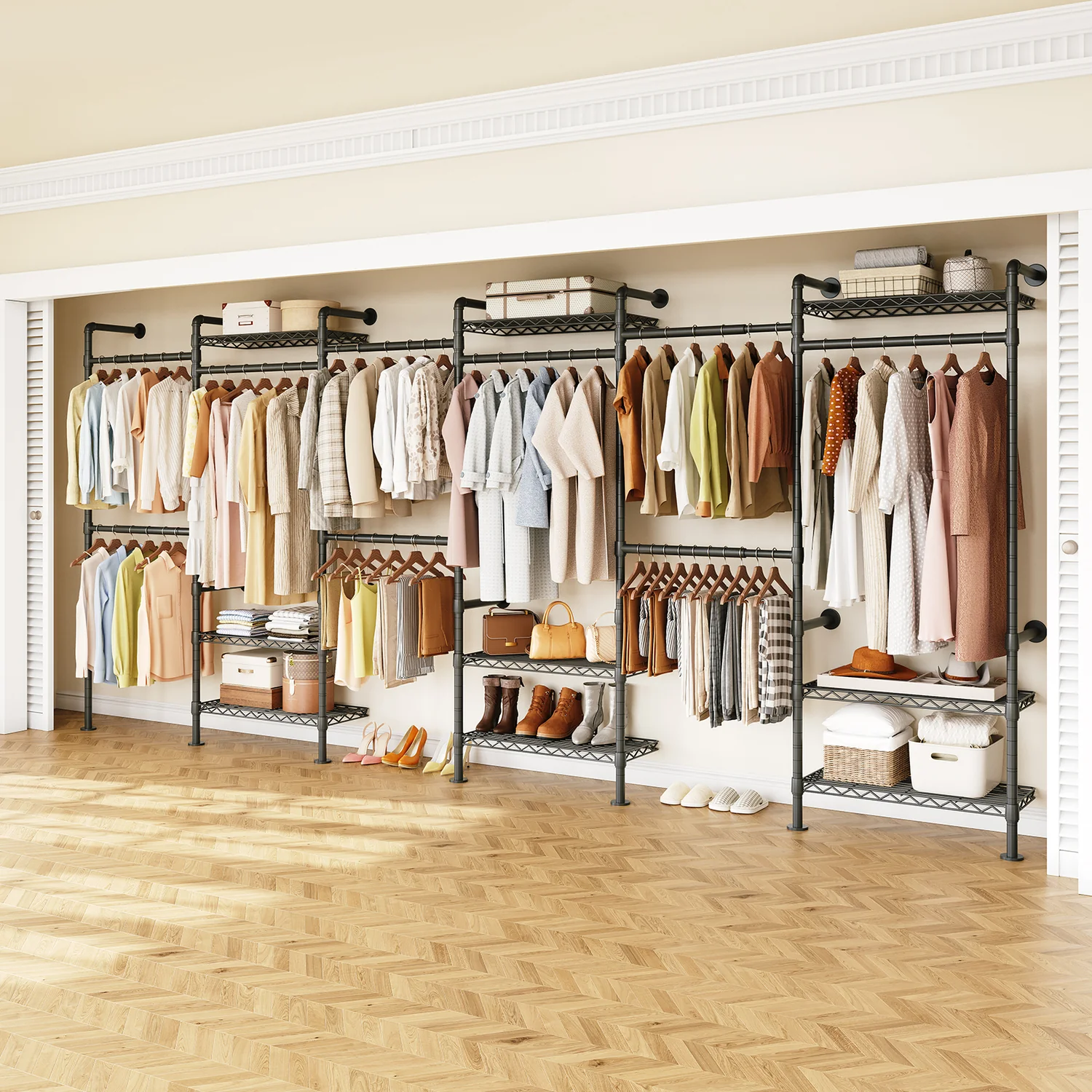 Next-Generation Wall Mounted Closet System Industrial Pipe Clothes Rack with 6 Adjustable Rods and 9 Wire Shelves Clothing Racks for Hanging ClothesWall Mounted Closet System Industrial Pipe Clothes Rack with 6 Adjustable Rods and 9 Wire Shelves Clothing Racks for Hanging Clothes Organic