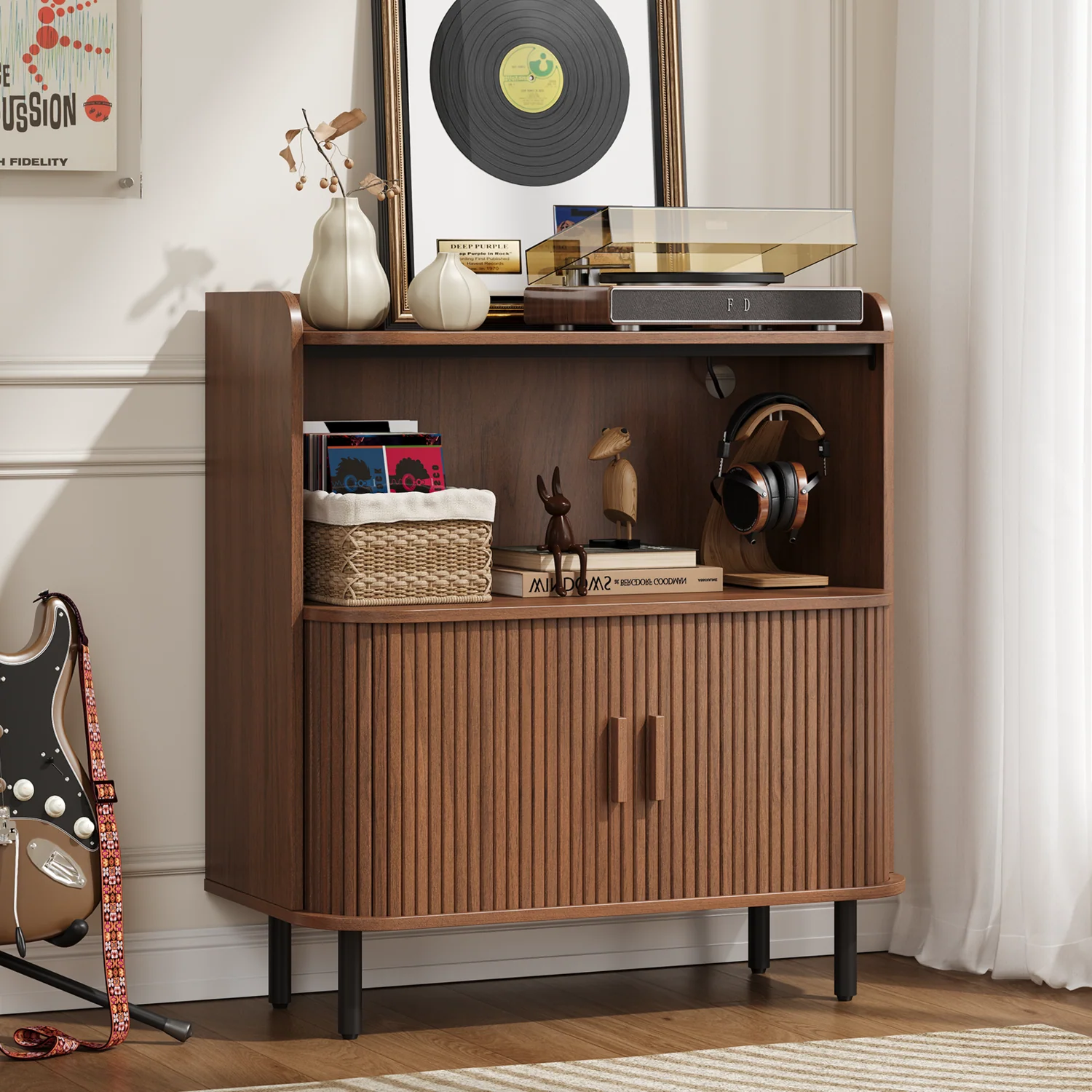 Exclusive Record Player Stand with Vinyl Storage Up to 300 Albums Turntable Stand with Sliding Doors Charging Station Metal DividerRecord Player Stand with Vinyl Storage Up to 300 Albums Turntable Stand with Sliding Doors Charging Station Metal Divider Authentic