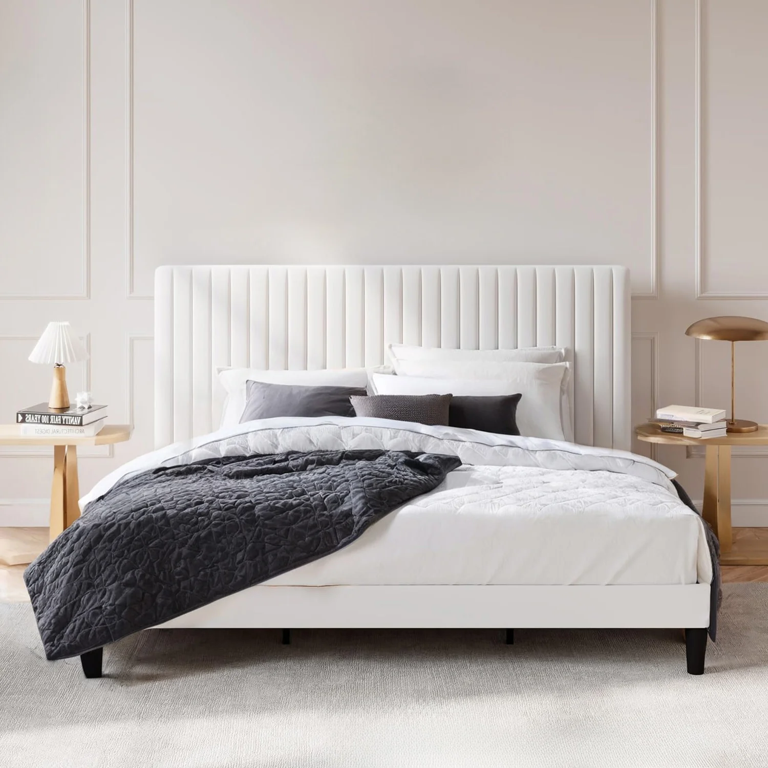 Verified Velvet Upholstered Platform Bed Frame with Vertical Line Tufted Wingback Headboard Strong Wooden Slats and No Box Spring NeededVelvet Upholstered Platform Bed Frame with Vertical Line Tufted Wingback Headboard Strong Wooden Slats and No Box Spring Needed Premium Material