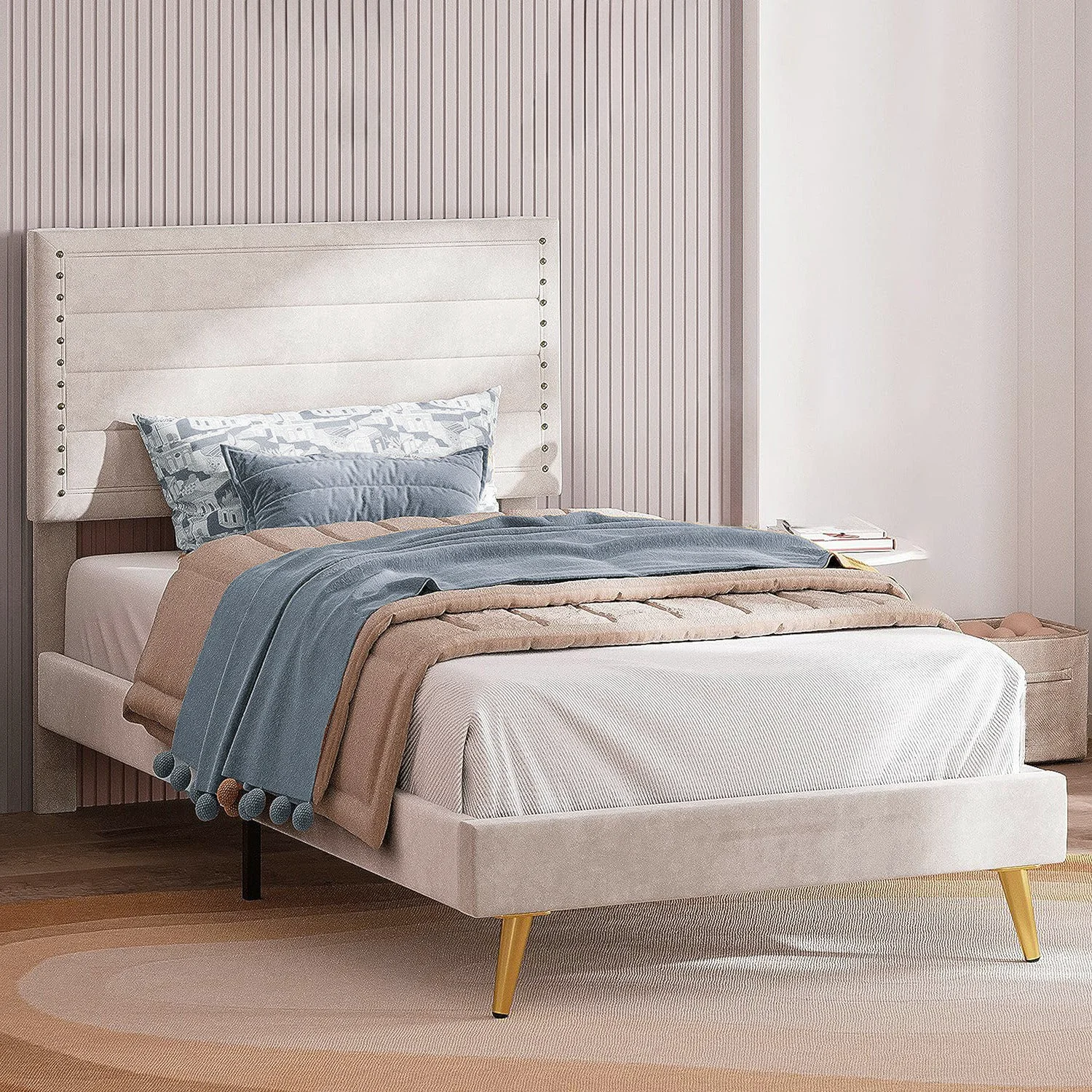 Sophisticated Twin Size Bed Frame with Upholstered Headboard and Wooden Slats Support BeigeTwin Size Bed Frame with Upholstered Headboard and Wooden Slats Support Beige Unique