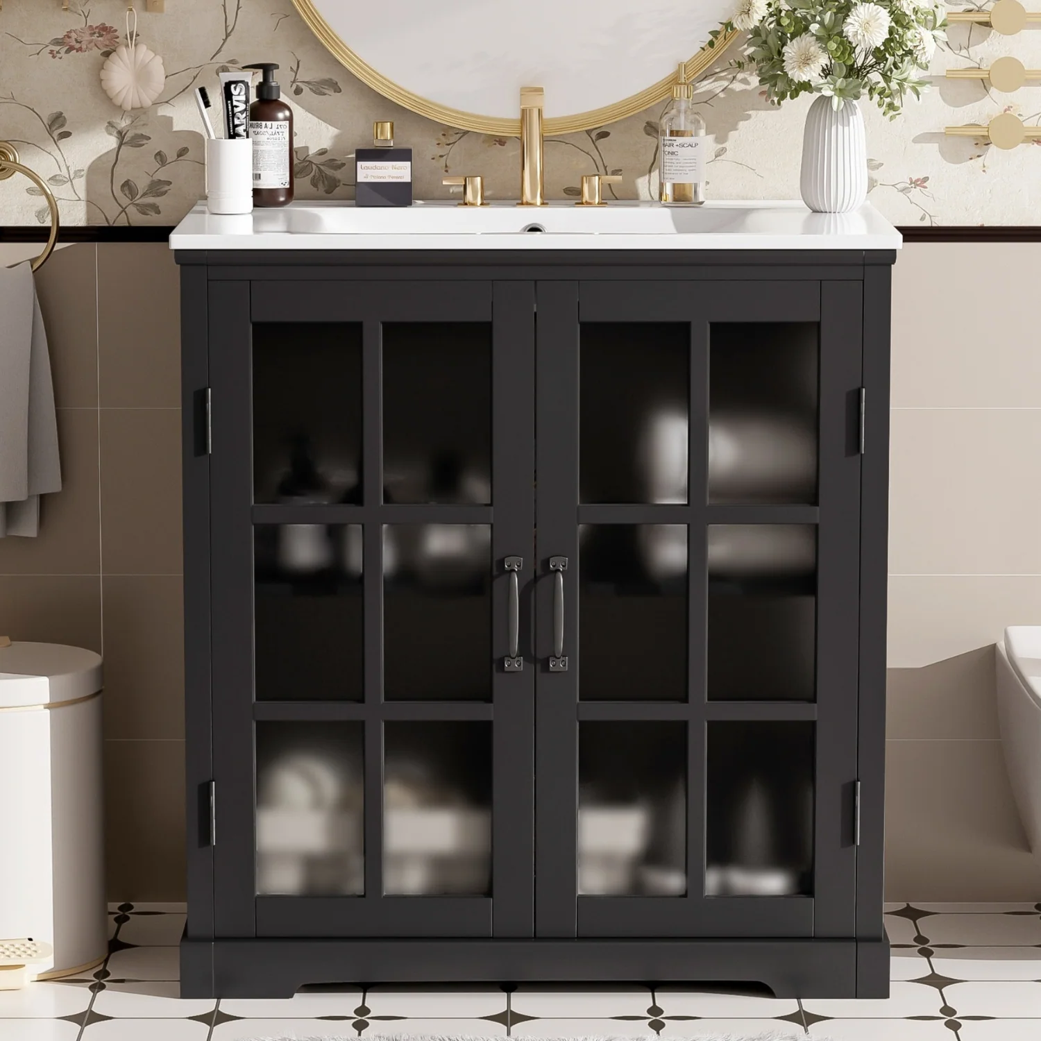 Outstanding Black Bathroom Vanity with Ceramic Sink Bathroom Vanity Cabinet with Tempered Blurred Glass Matte Black Handles Large Storage Space Rubber Wood FrameBlack Bathroom Vanity with Ceramic Sink Bathroom Vanity Cabinet with Tempered Blurred Glass Matte Black Handles Large Storage Space Rubber Wood Frame Safe