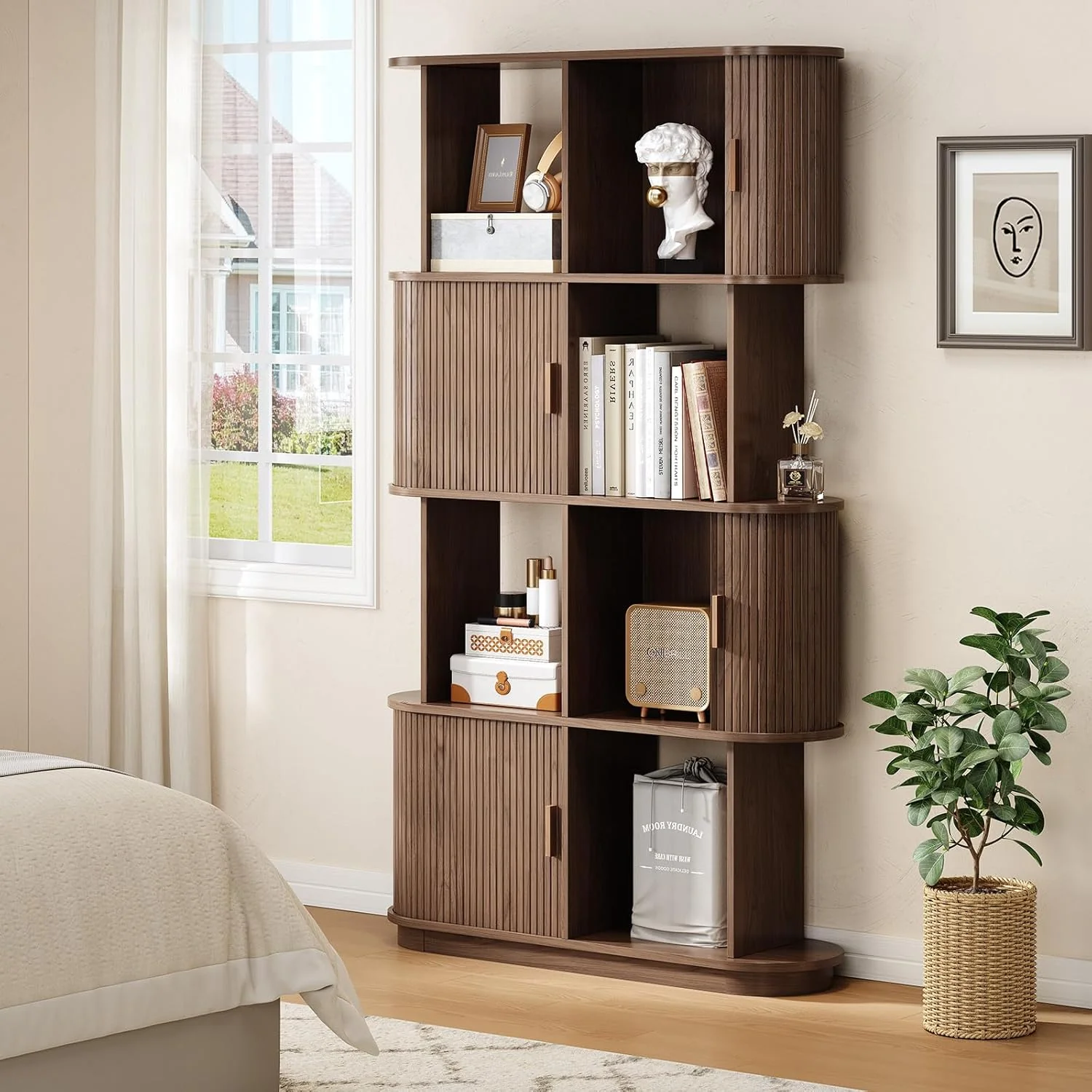 Breathable 4-Tier standing Bookshelf Mid-Century Storage Organizer Display Bookcase with Sliding Door4-Tier standing Bookshelf Mid-Century Storage Organizer Display Bookcase with Sliding Door High-Quality
