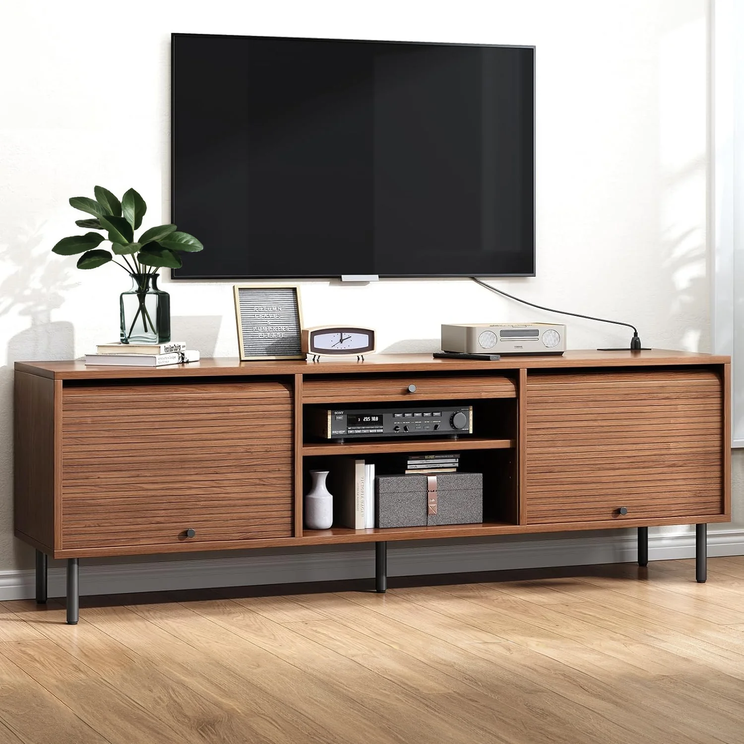 Fine Crafted TV Stand for 65 Inch TV Entertainment Center 59 Inch TV Console with Storage Sliding Doors and Power OutletsTV Stand for 65 Inch TV Entertainment Center 59 Inch TV Console with Storage Sliding Doors and Power Outlets Natural
