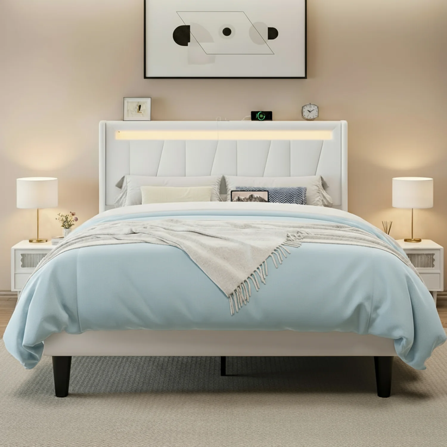 Quality Velvet Upholstered Platform Bed Frame with Charging Station Wingback LED Headboard No Box Spring NeededVelvet Upholstered Platform Bed Frame with Charging Station Wingback LED Headboard No Box Spring Needed Elegant