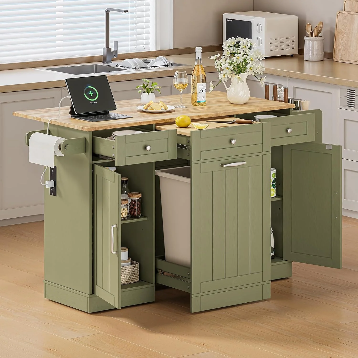 Artisan 61-Inch Kitchen Islands Rolling Island Cart with Cutting Board Trash Storage Cabinet Drop Leaf Power Outlet61-Inch Kitchen Islands Rolling Island Cart with Cutting Board Trash Storage Cabinet Drop Leaf Power Outlet Easy-to-Use