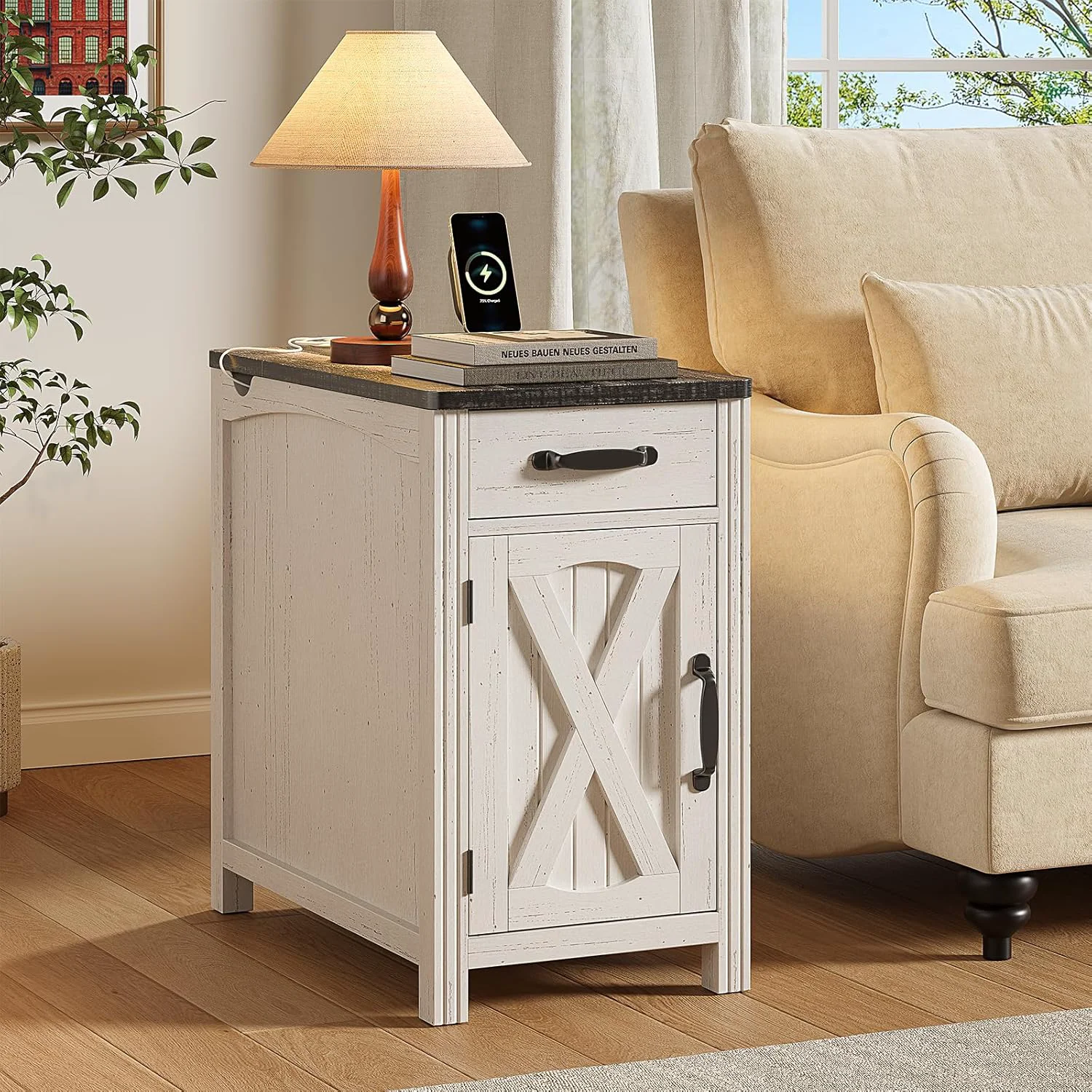 Outstanding Farmhouse End Table Narrow Side Table with Hidden Charging Station and Detachable Cup HolderFarmhouse End Table Narrow Side Table with Hidden Charging Station and Detachable Cup Holder Durable