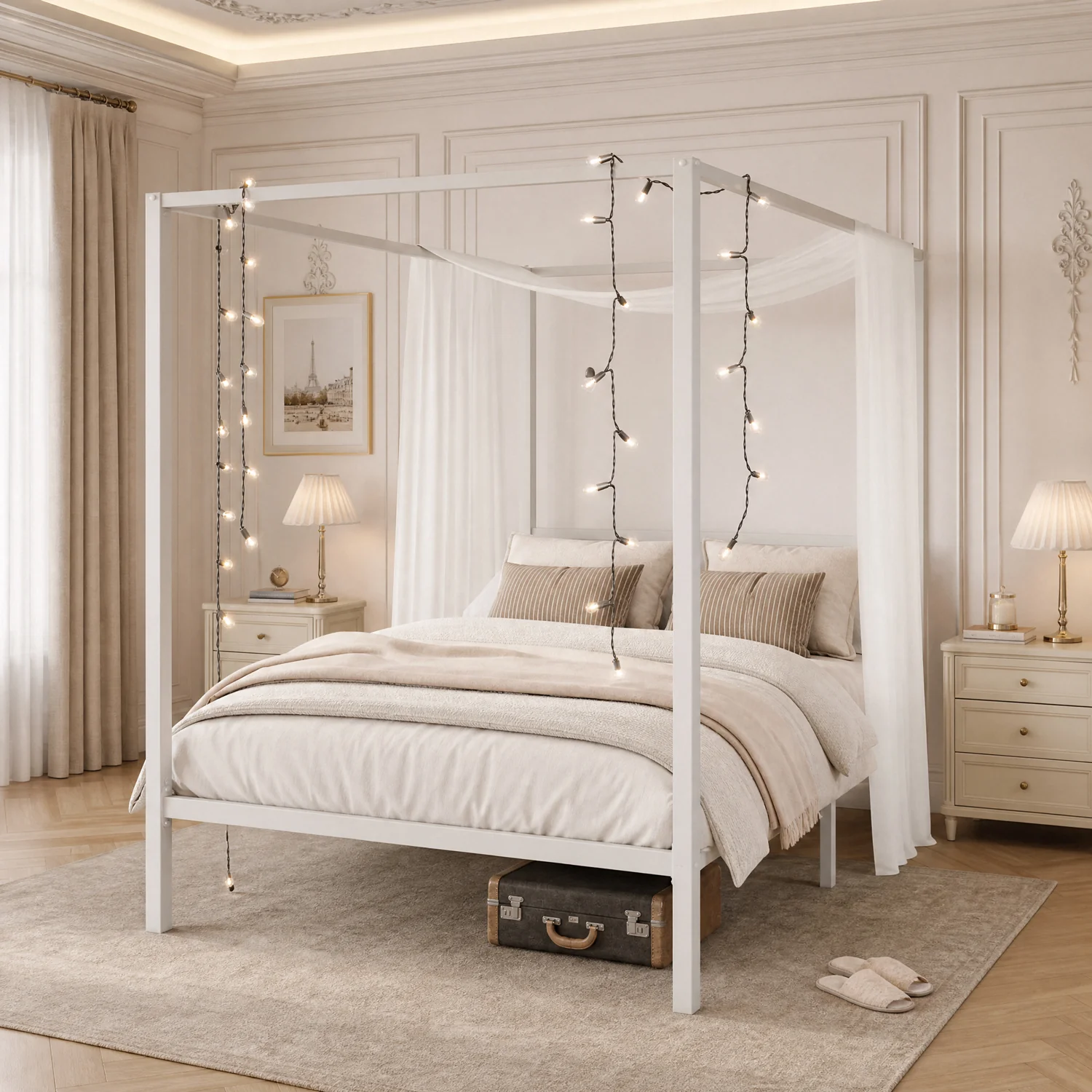 Casual Canopy Bed Frame with Heavy-Duty Metal Slats Four-Poster Metal Bed Frame with Under-Bed Storage No Box Spring NeededCanopy Bed Frame with Heavy-Duty Metal Slats Four-Poster Metal Bed Frame with Under-Bed Storage No Box Spring Needed Fashionable
