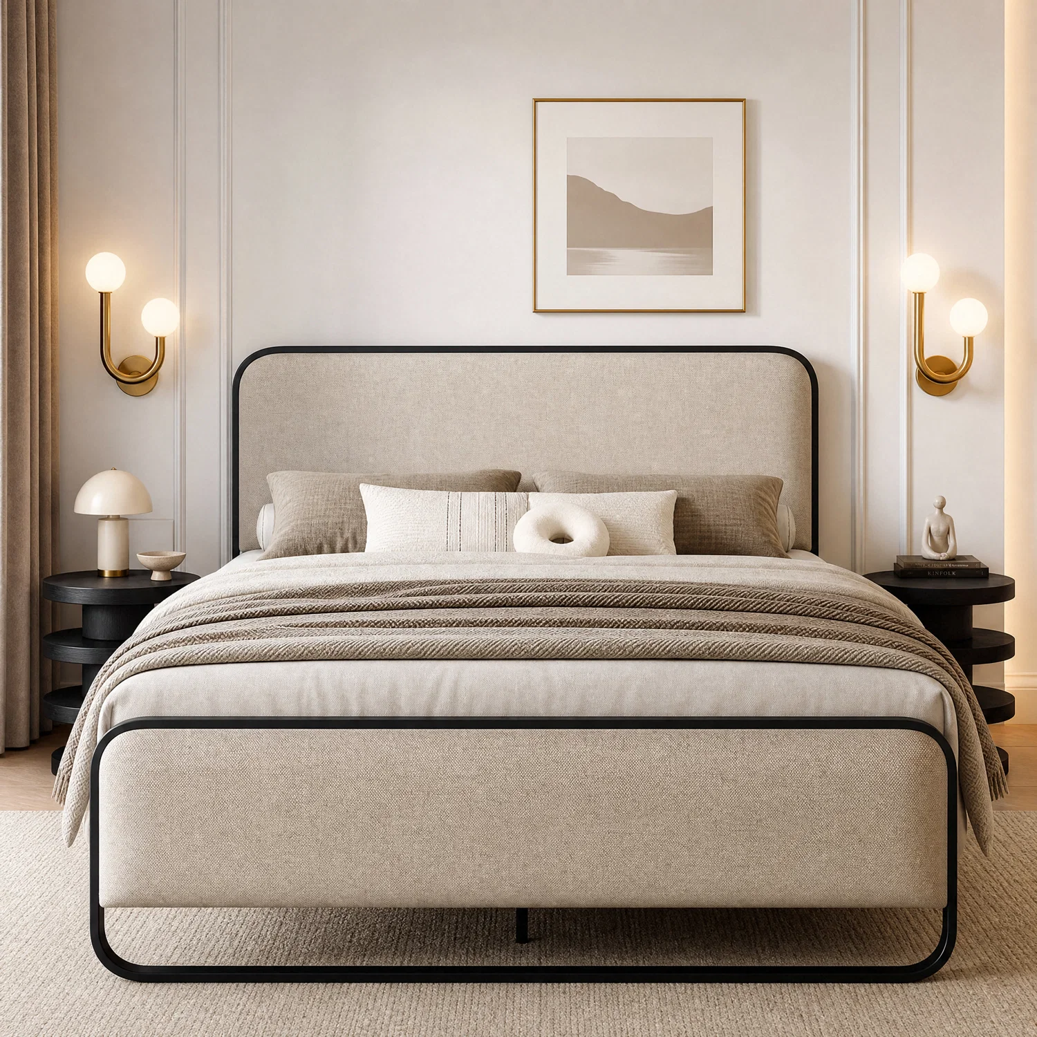 Verified Metal Bed Frame with Curved Upholstered Headboard Footboard Beige Platform Bed Frame with Under-Bed StorageMetal Bed Frame with Curved Upholstered Headboard Footboard Beige Platform Bed Frame with Under-Bed Storage Recyclable