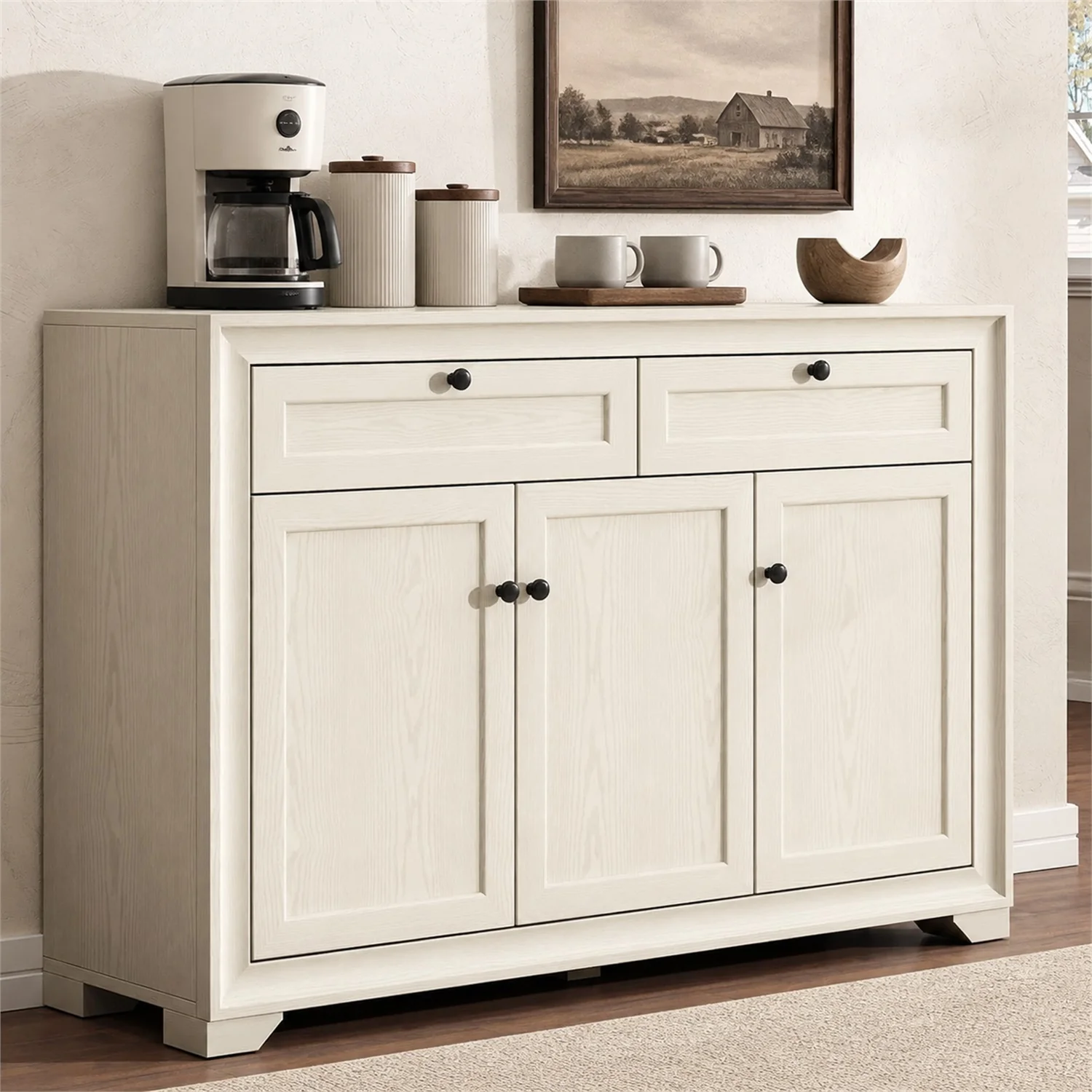 Relaxed 48 Inch Buffet Cabinet with Storage Farmhouse Sideboard with 2 Drawers 3 Doors and Adjustable Shelves48 Inch Buffet Cabinet with Storage Farmhouse Sideboard with 2 Drawers 3 Doors and Adjustable Shelves Traditional