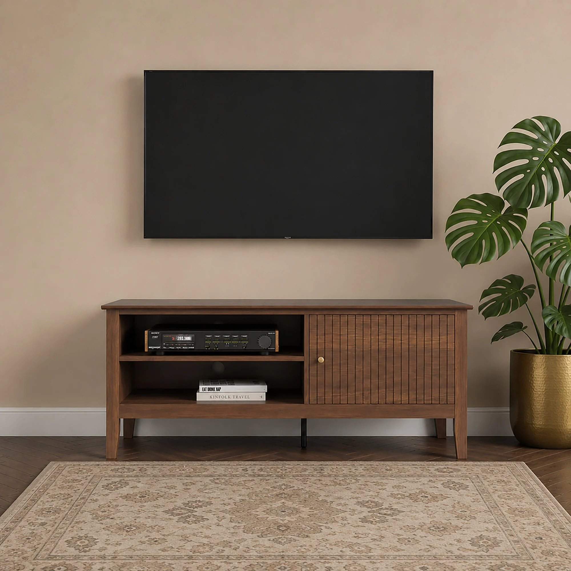 Healthy Large Dark Wood Fluted TV Cabinet Media Storage Unit - 120cm x 50cm 47 TV's - Hales Dark Wood Range Minimalist